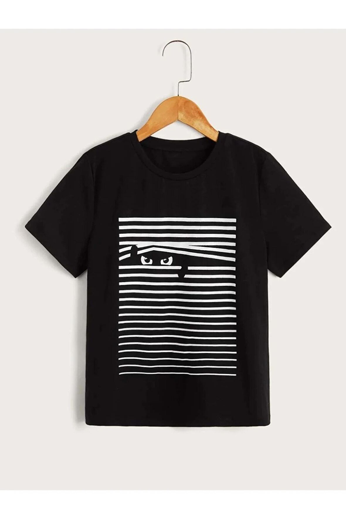 Unısex Rahat Kalıp Pamuklu ÇİZGİLİ KEDİ Baskılı Çocuk T-shirt