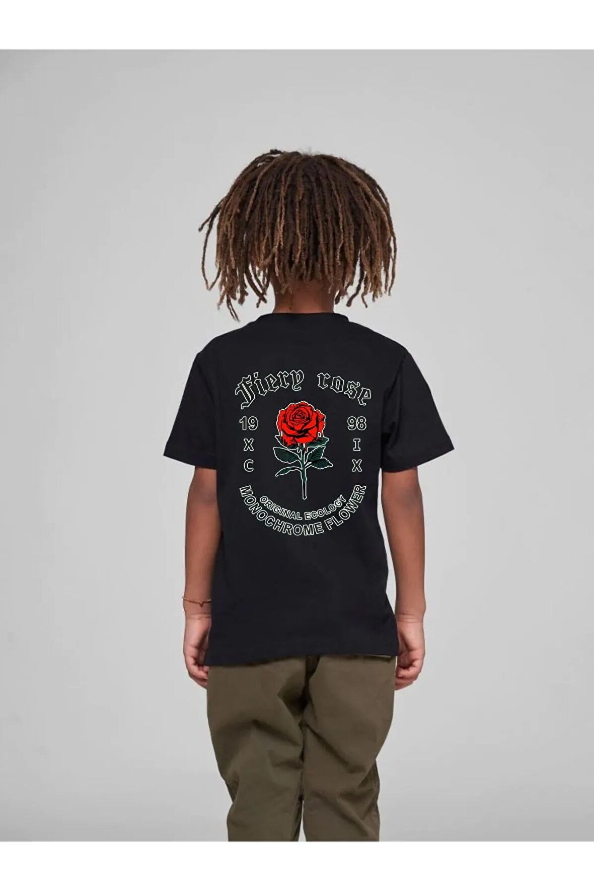 Çocuk Oversize Unisex Sırt Kırmızı Gül Pamuklu Bisiklet Yaka Tişört