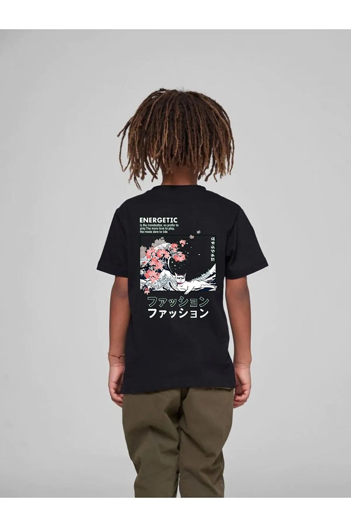 Çocuk Oversize Unisex Kedi Pamuklu Bisiklet Yaka Tişört