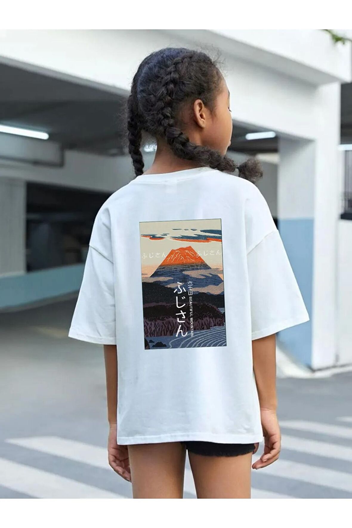 Çocuk Oversize Unisex Fujı Pamuklu Bisiklet Yaka Tişört