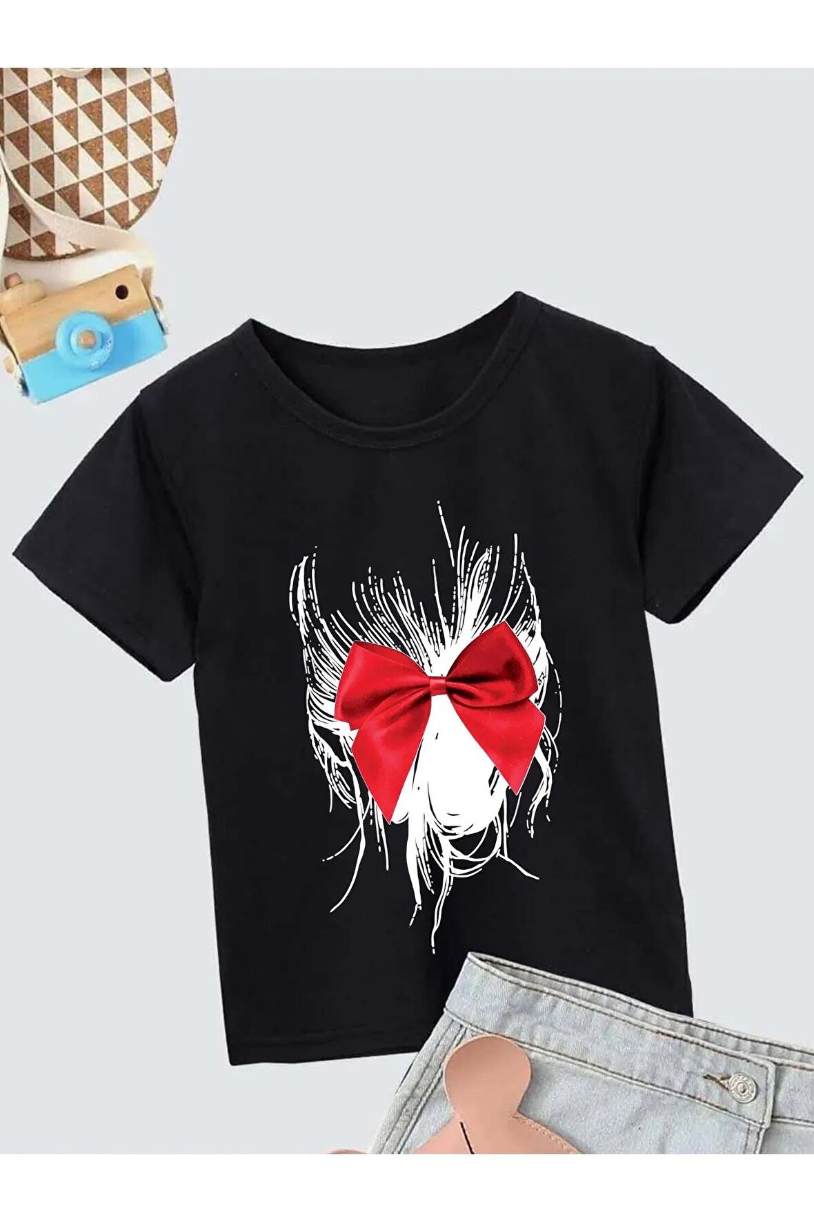 Unisex Rahat Kalıp Pamuklu Baskılı Siyah Çocuk T-shirt