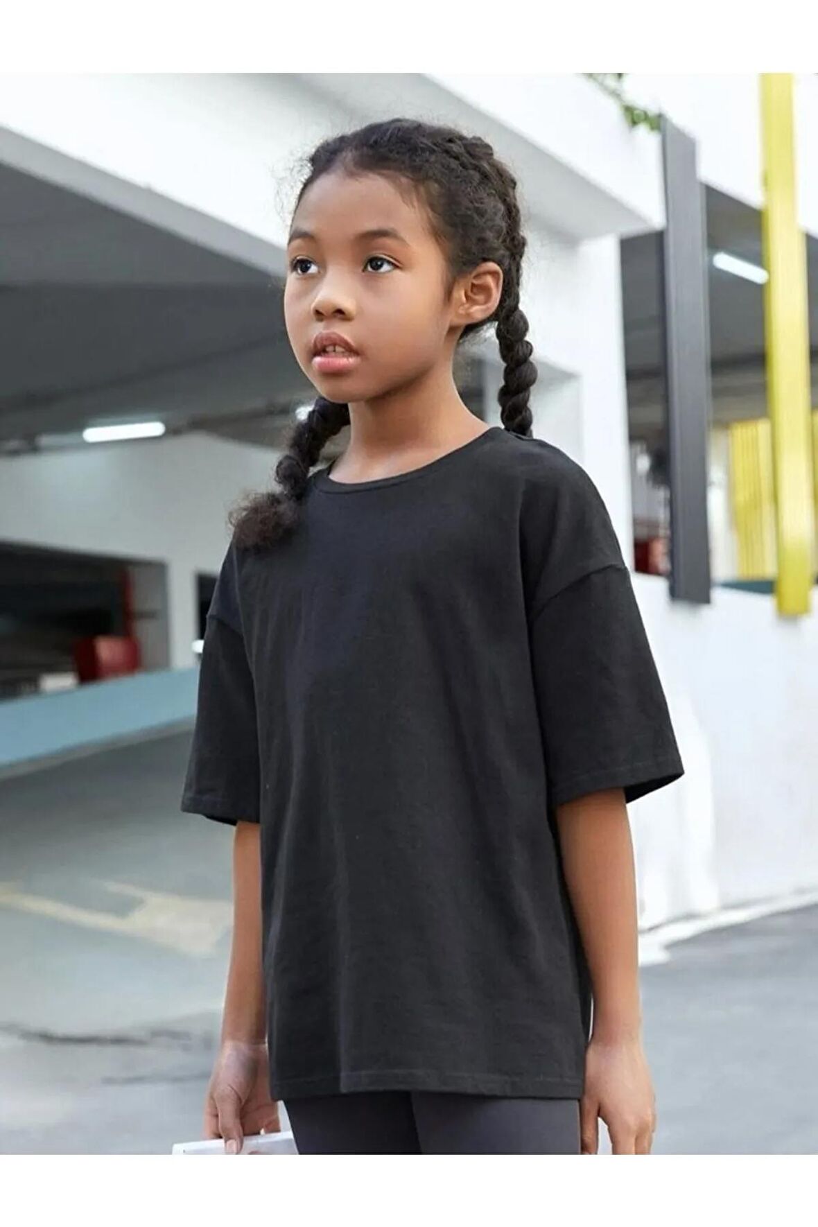 Çocuk Oversize Unisex Düz Basıc Pamuklu Bisiklet Yaka Tişört