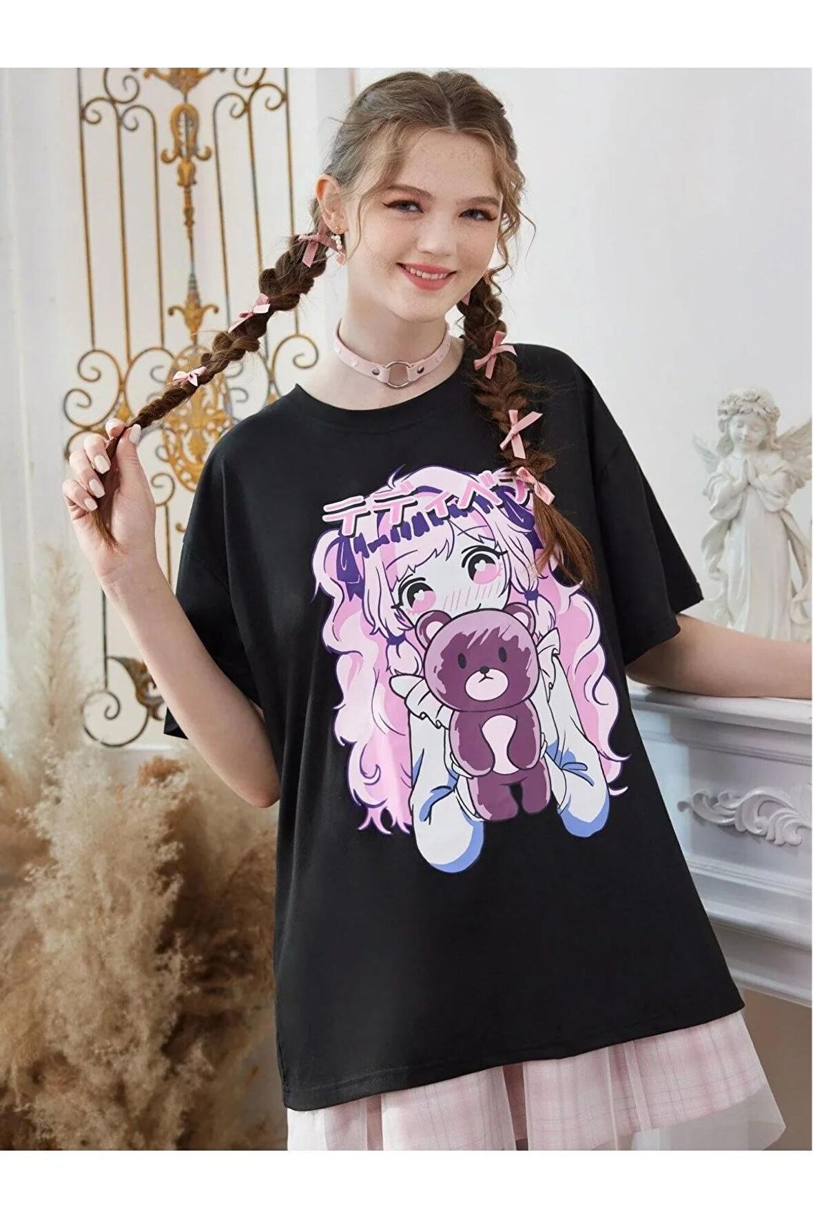 Unisex PEMBE ANİME Baskılı Oversize Tshırt