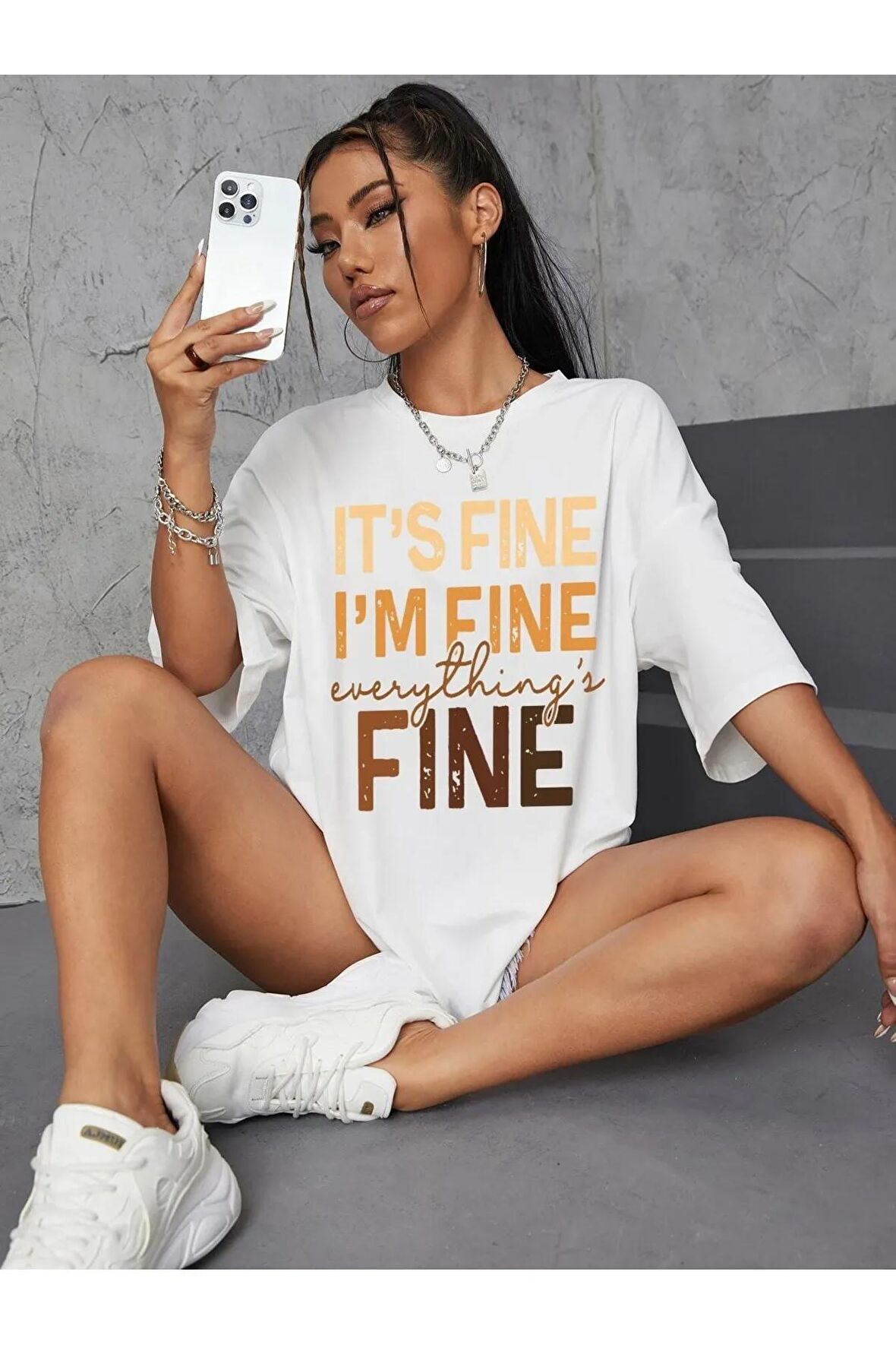 Unisex I'M FINE Baskılı Oversize Tshırt