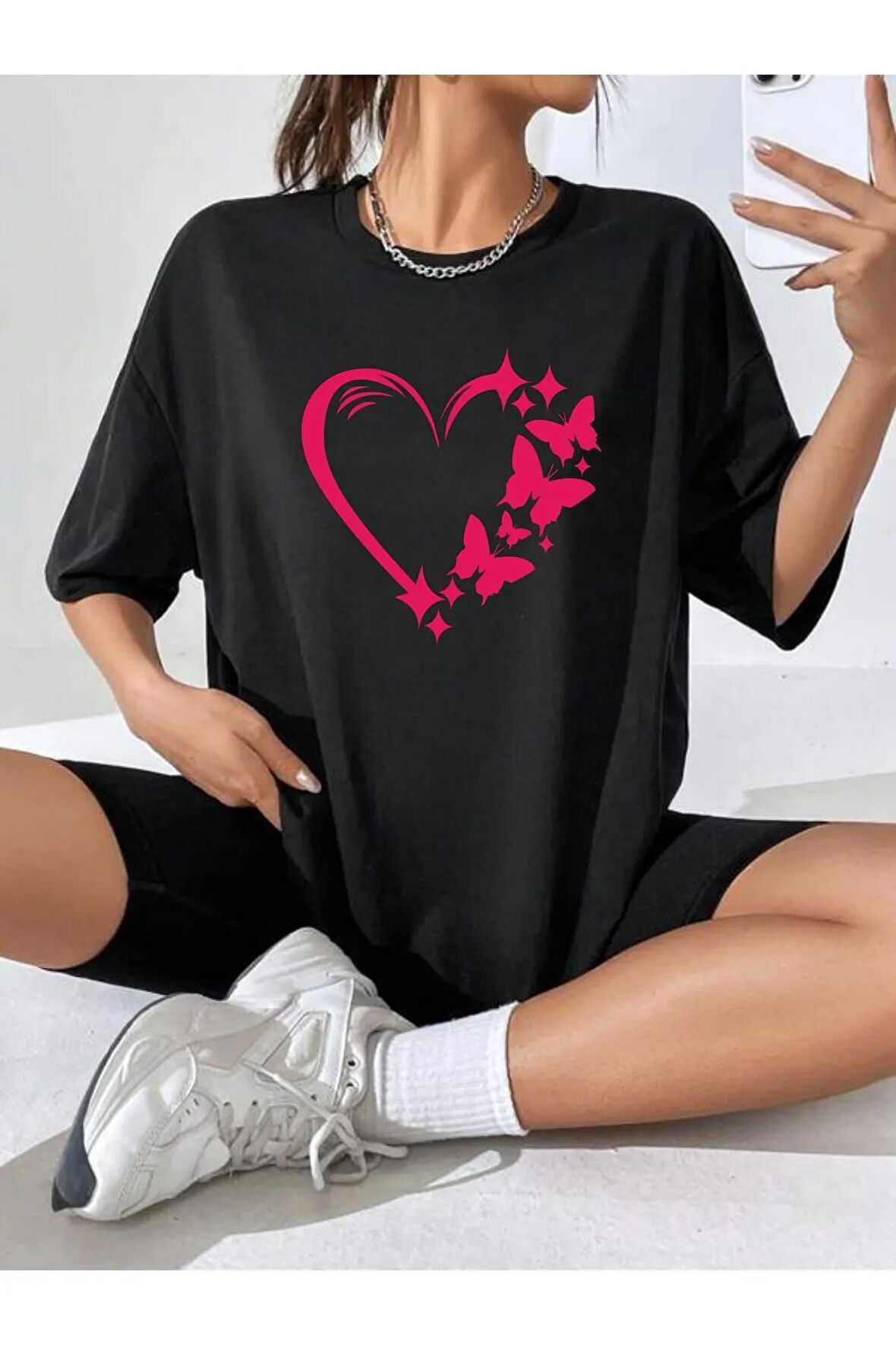 Unisex PEMBE KELEBEK KALP Baskılı Oversize Tshırt