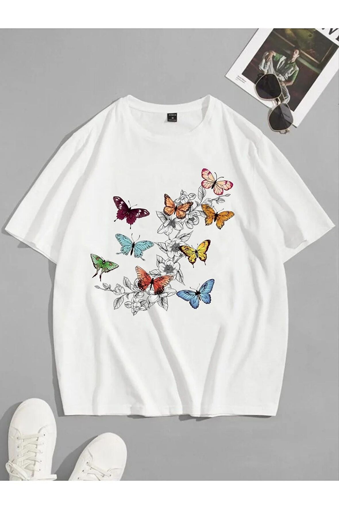 Unisex Çok Çok Kelebek Baskılı Oversize Tshırt