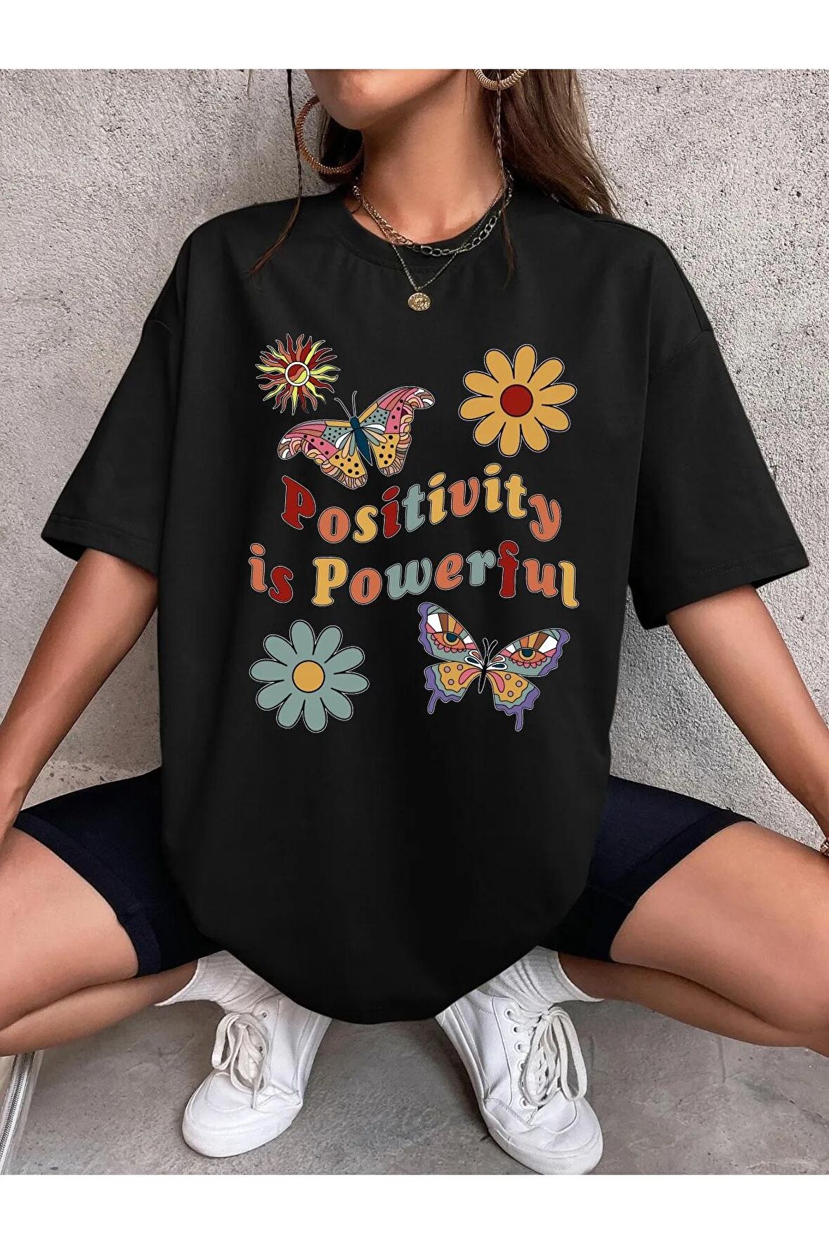 Unisex POSITIVITY Baskılı Oversize Tshırt