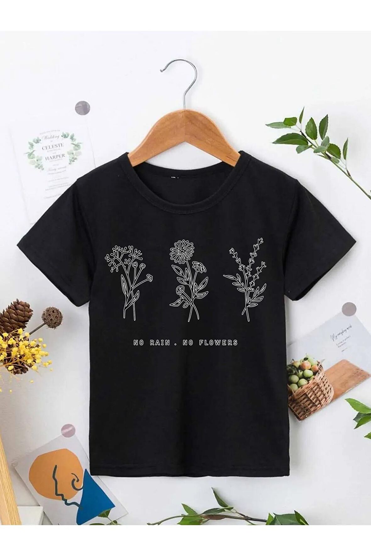 Unisex Rahat Kalıp Pamuklu Baskılı Siyah Çocuk T-shirt