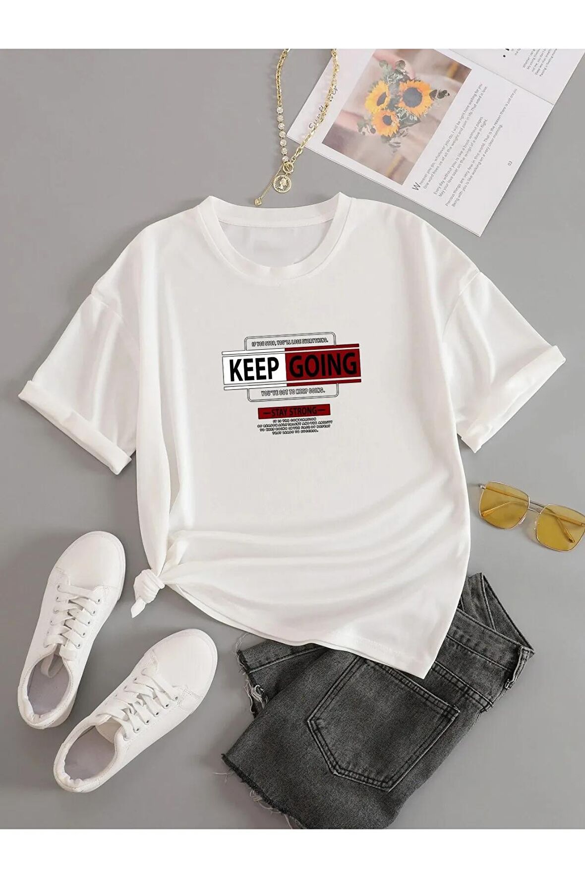 Unisex KEEP GOING Baskılı Oversize Tshırt