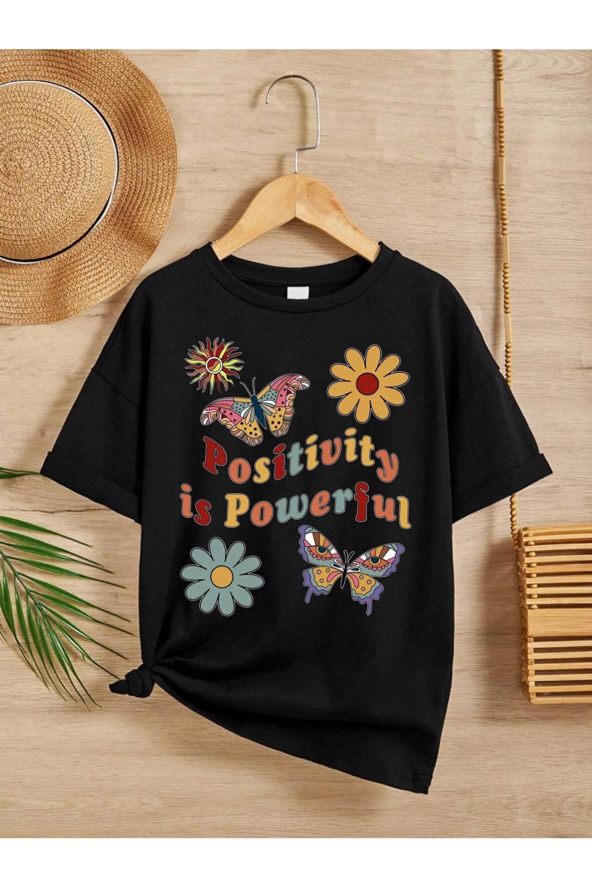 Unisex Rahat Kalıp Pamuklu Baskılı Siyah Çocuk T-shirt