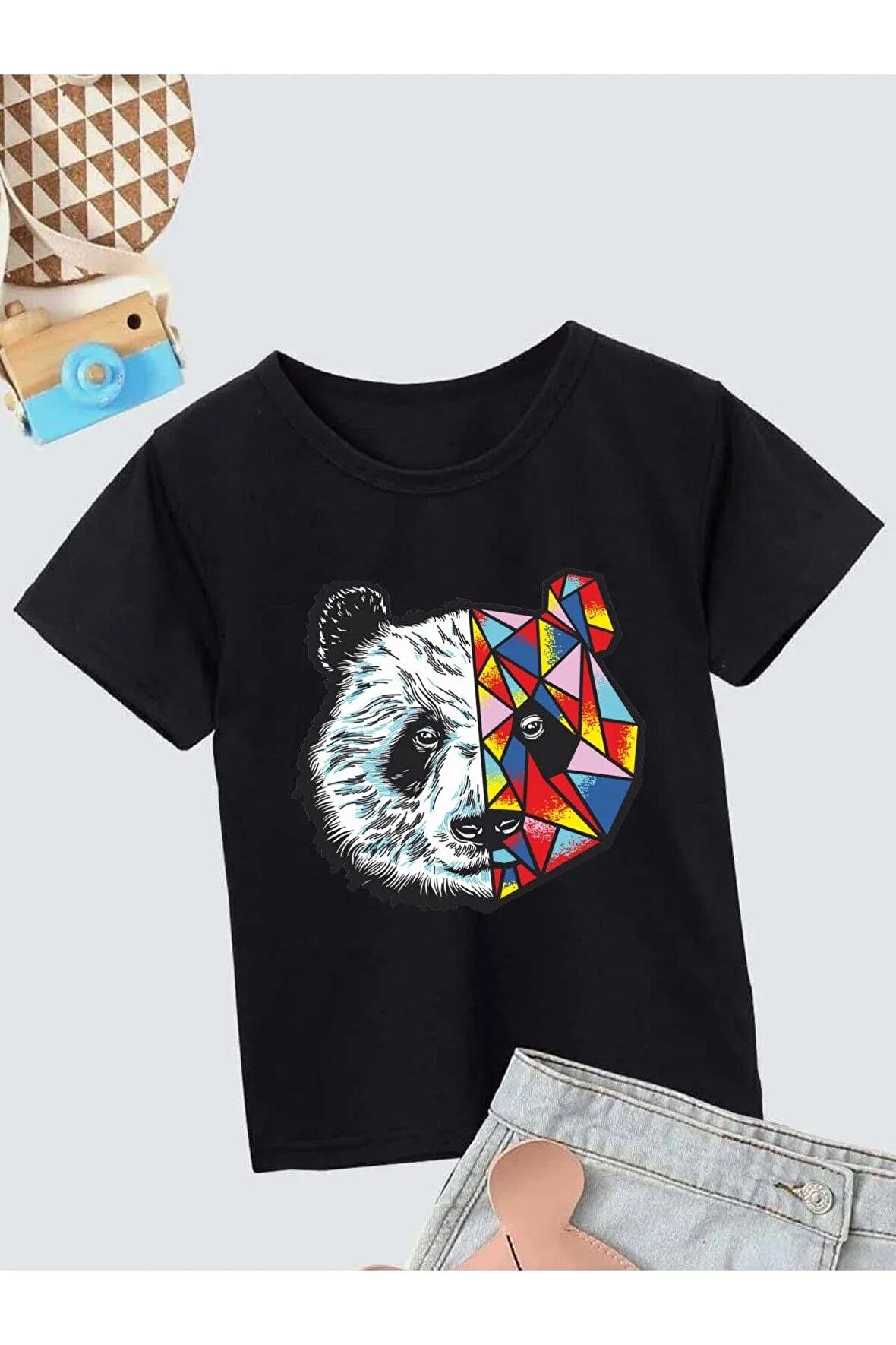 Ünisex Rahat Kalıp Pamuklu Baskılı Siyah Çocuk T-shirt