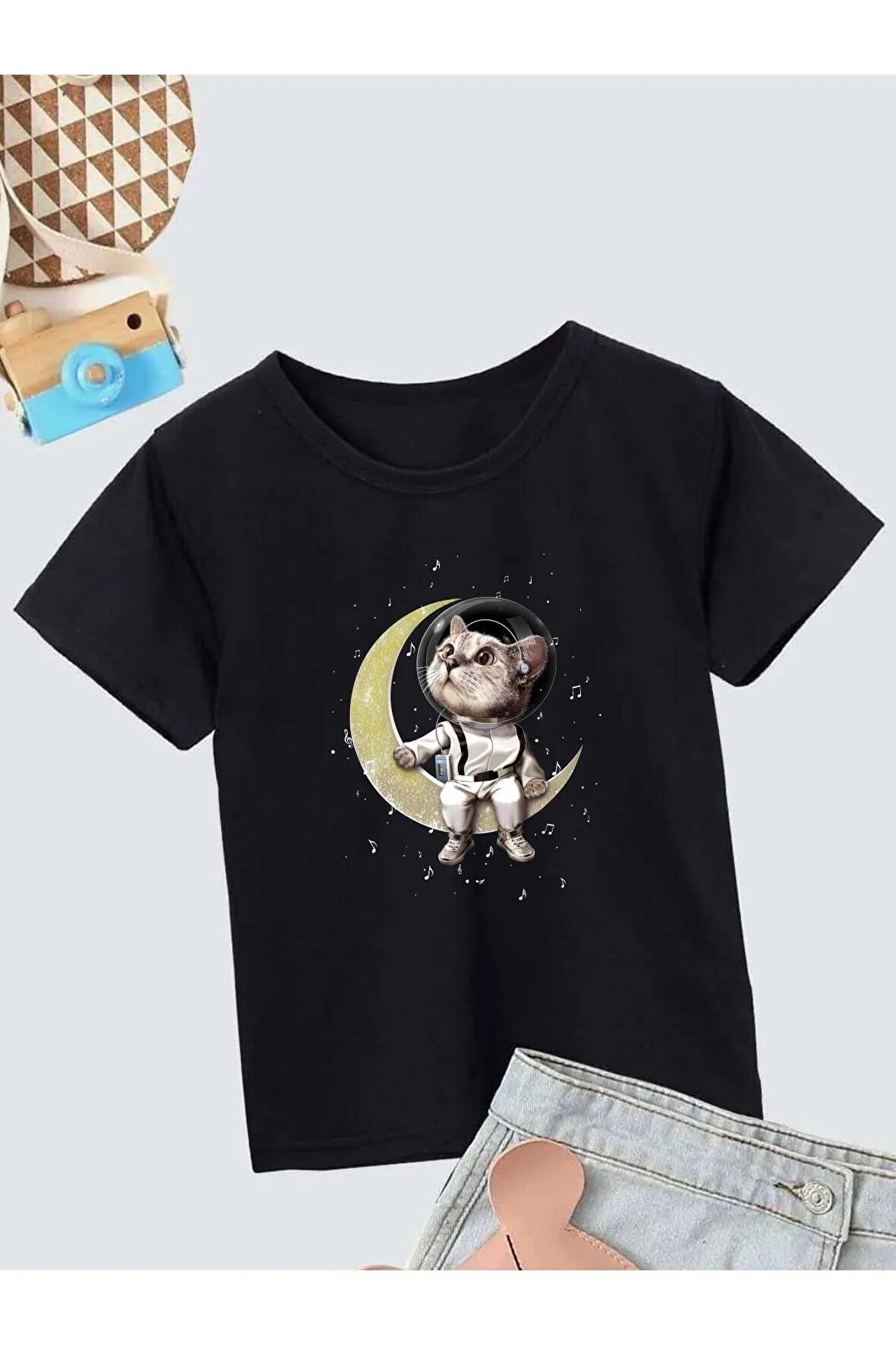 Ünisex Rahat Kalıp Pamuklu Baskılı Siyah Çocuk T-shirt