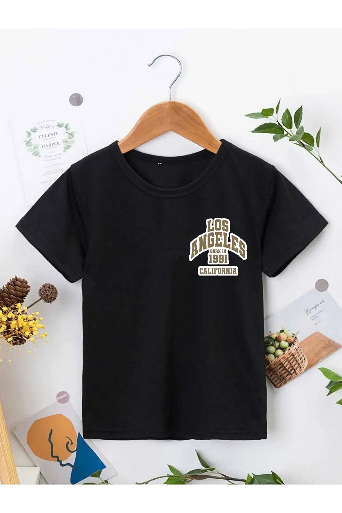 Ünisex Rahat Kalıp Pamuklu Baskılı Siyah Çocuk T-shirt