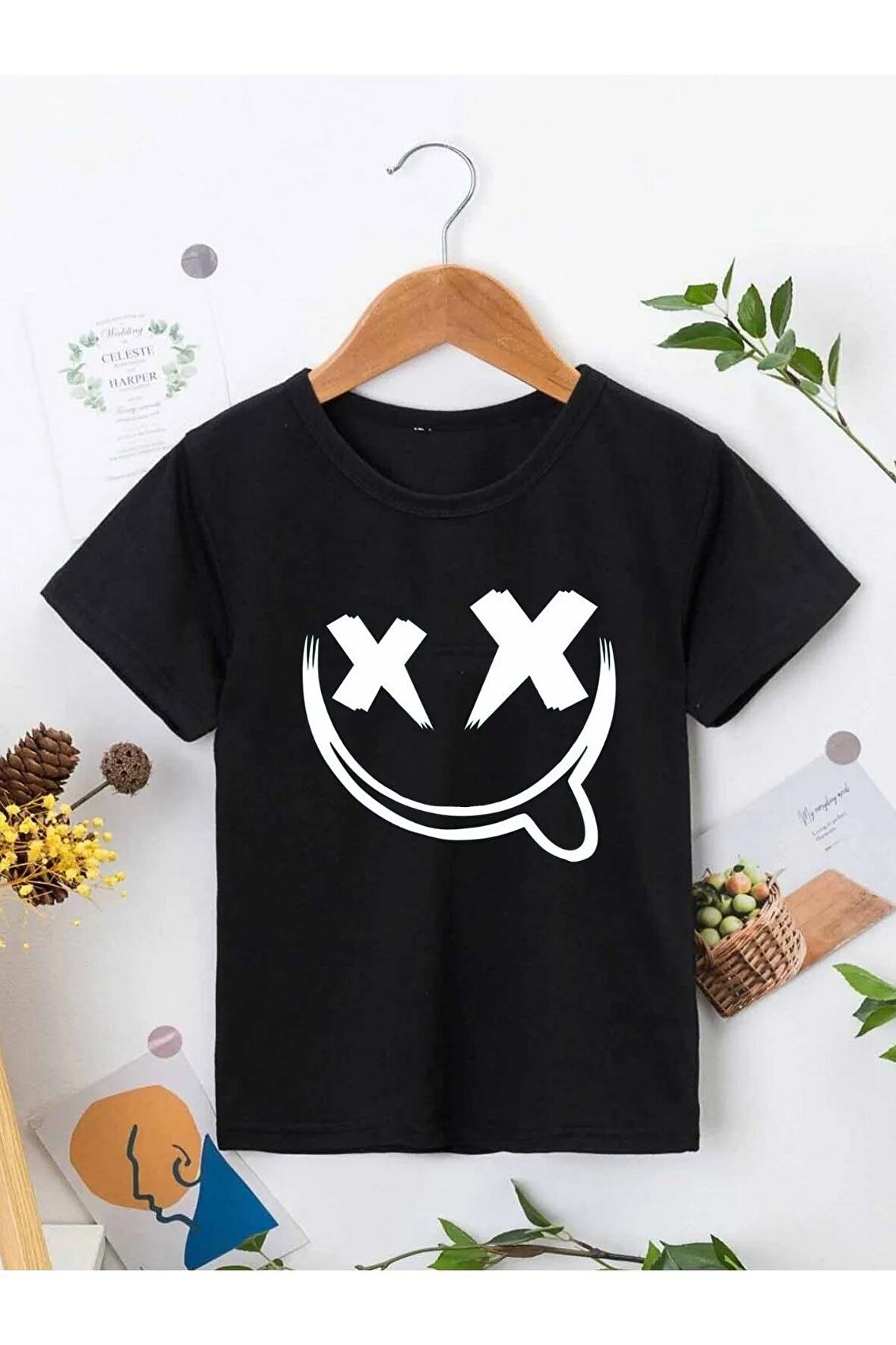 Ünisex Rahat Kalıp Pamuklu Baskılı Siyah Çocuk T-shirt