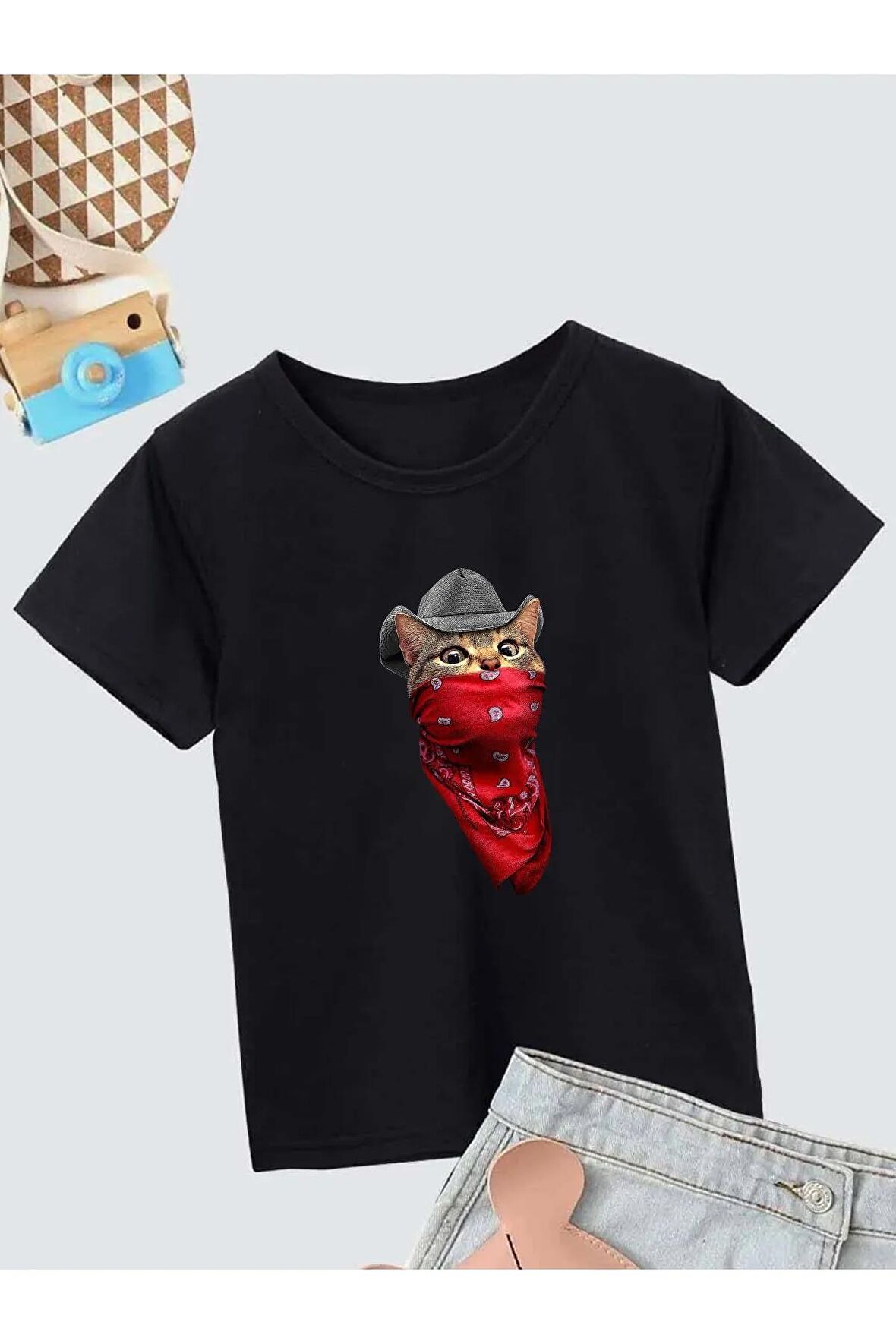 Unisex Rahat Kalıp Pamuklu Baskılı Siyah Çocuk T-shirt