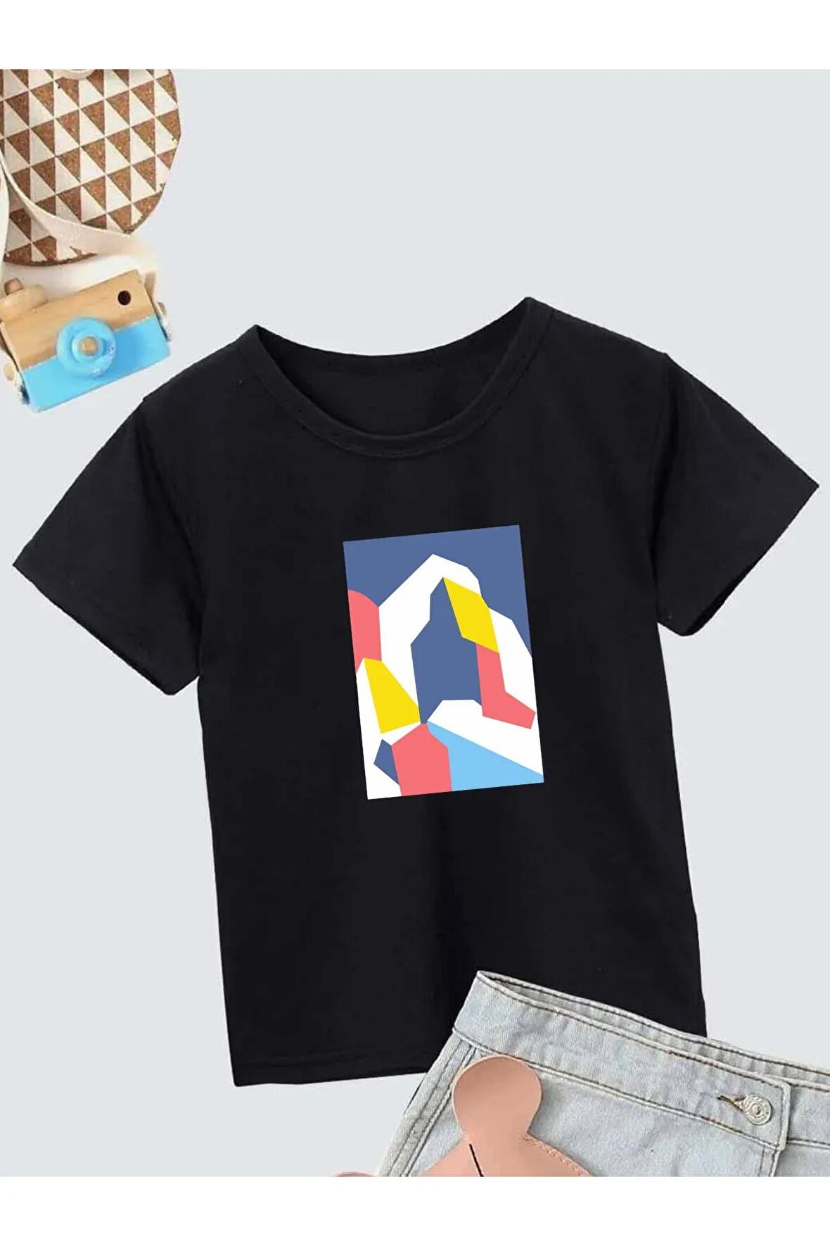 Ünisex Rahat Kalıp Pamuklu Baskılı Siyah Çocuk T-shirt