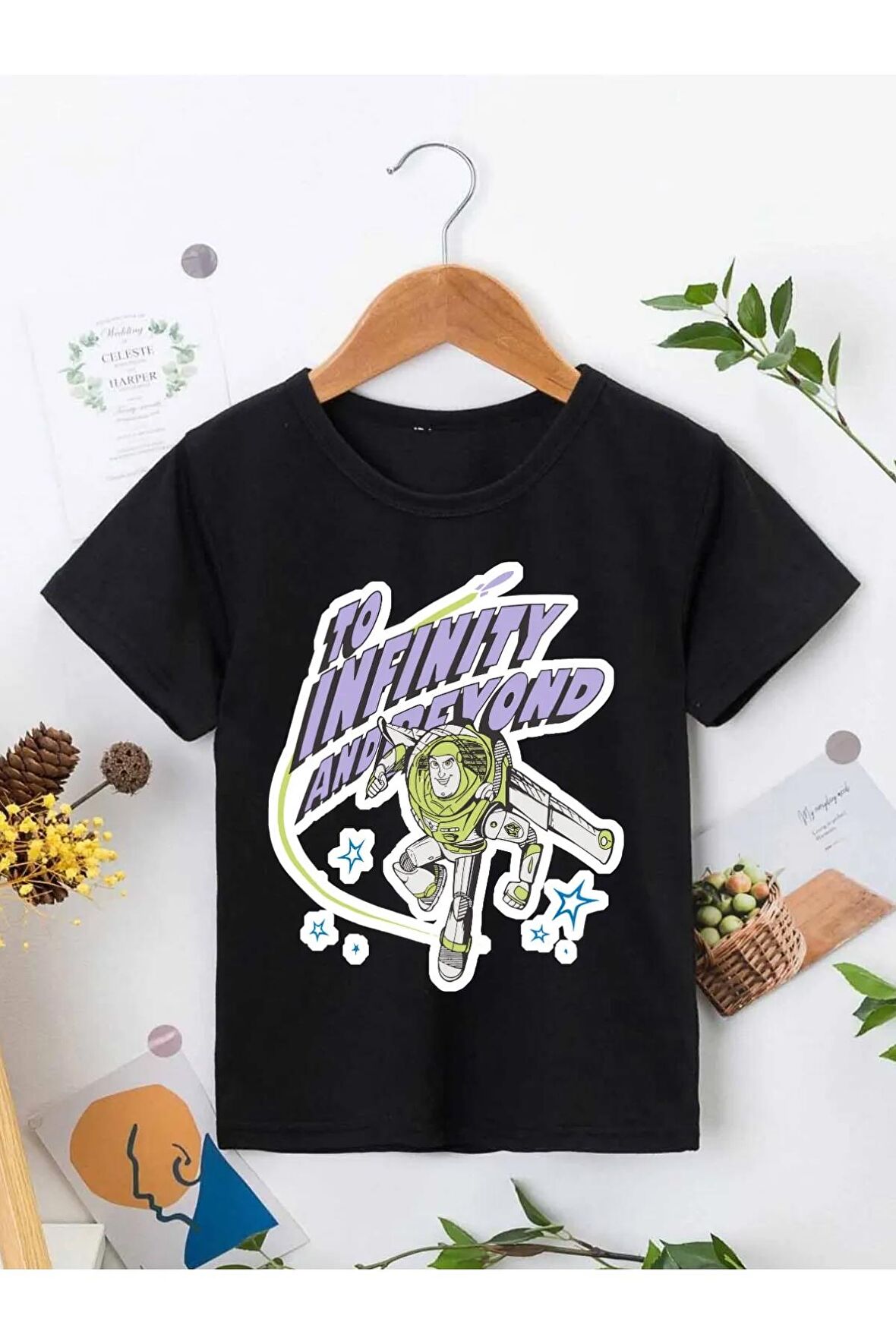 Ünisex Rahat Kalıp Pamuklu Baskılı Siyah Çocuk T-shirt