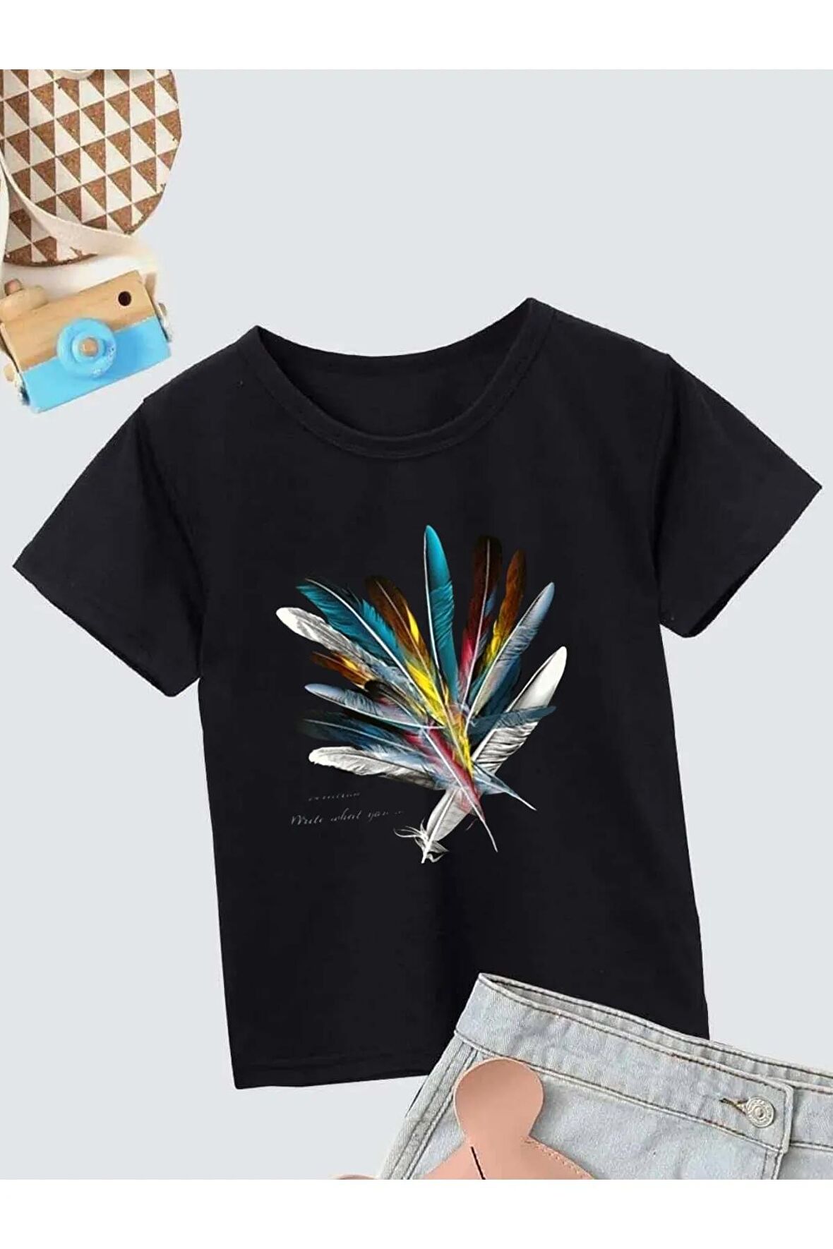 Ünisex Rahat Kalıp Pamuklu Baskılı Siyah Çocuk T-shirt