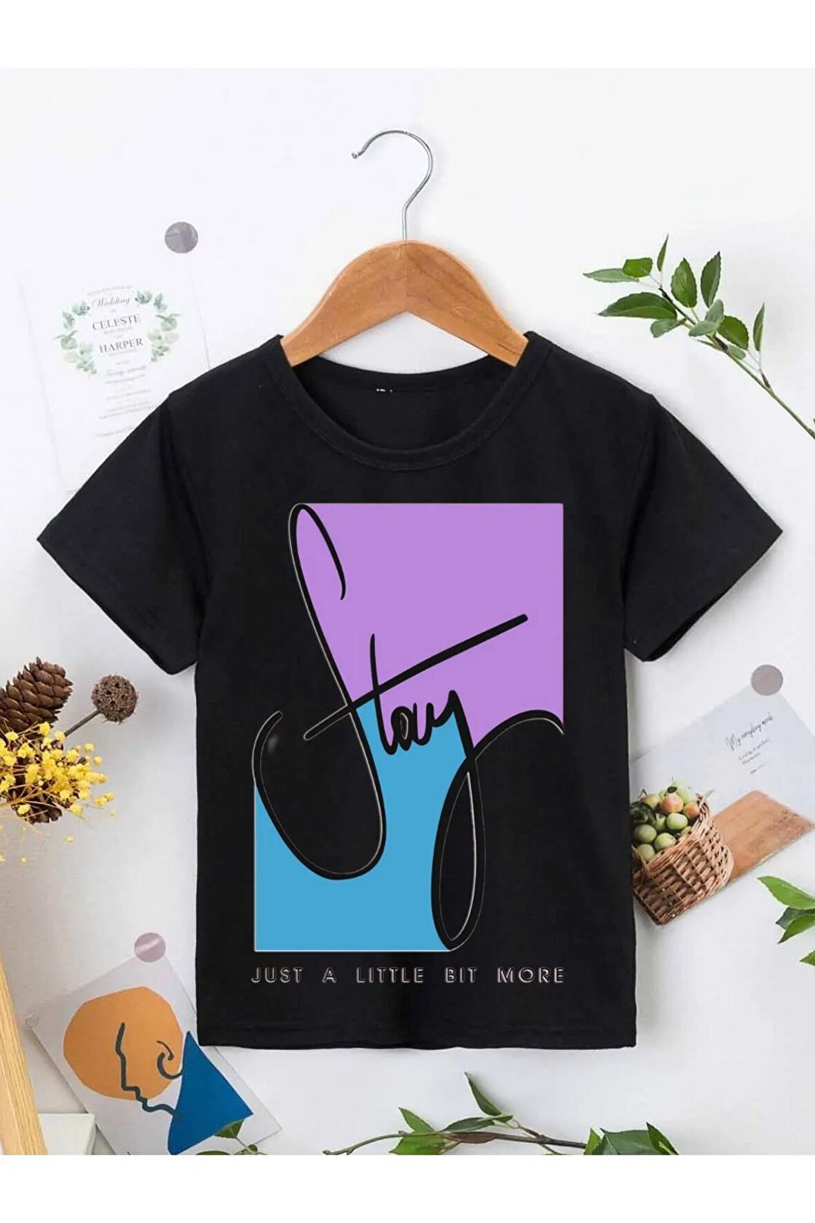 Ünisex Rahat Kalıp Pamuklu Baskılı Siyah Çocuk T-shirt