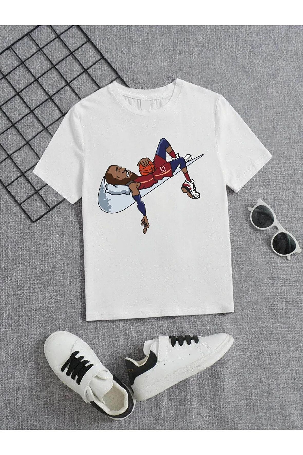 Ünisex Rahat Kalıp Pamuklu Baskılı Beyaz Çocuk T-shirt