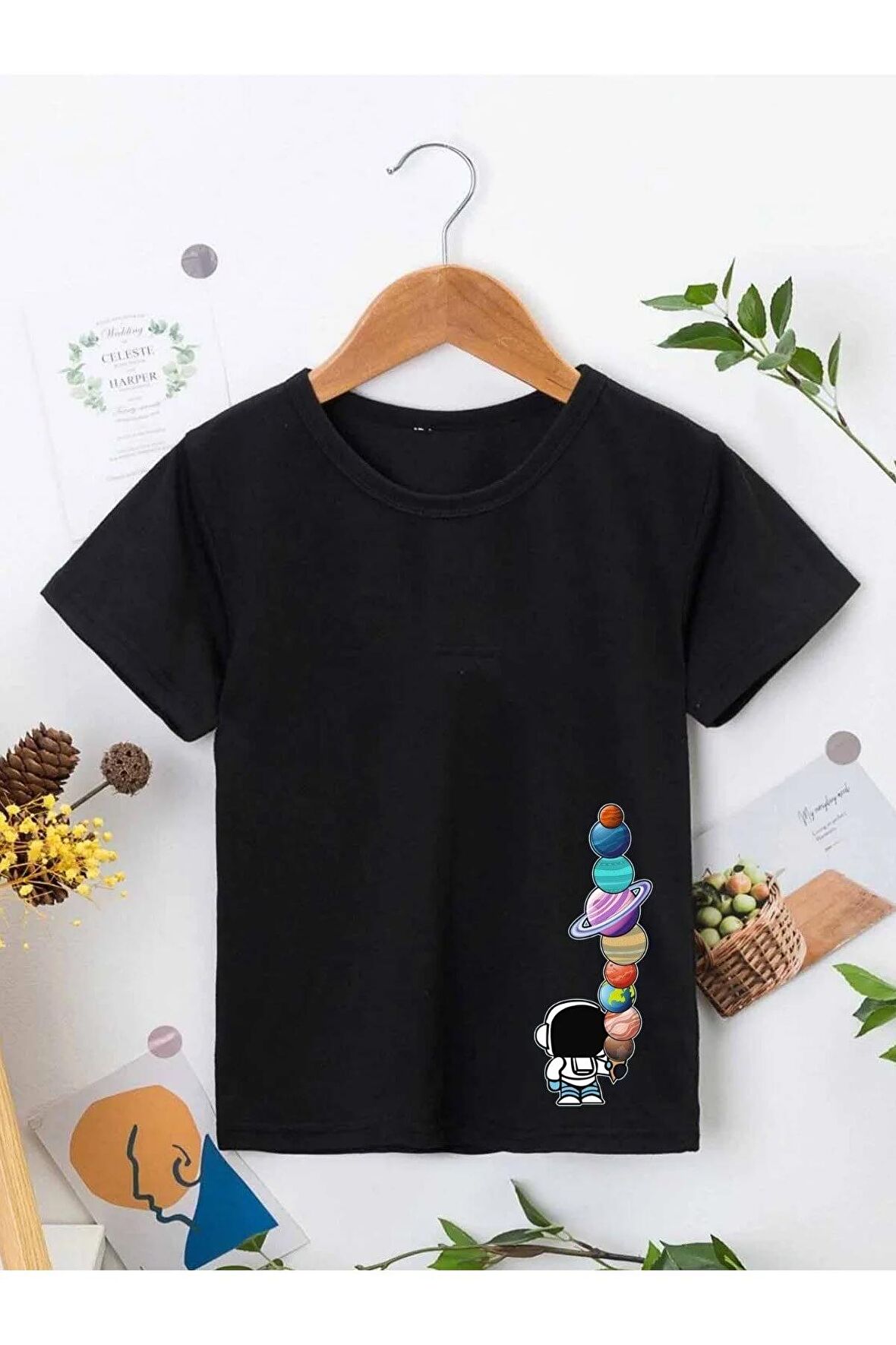 Ünisex Rahat Kalıp Pamuklu Baskılı Siyah Çocuk T-shirt