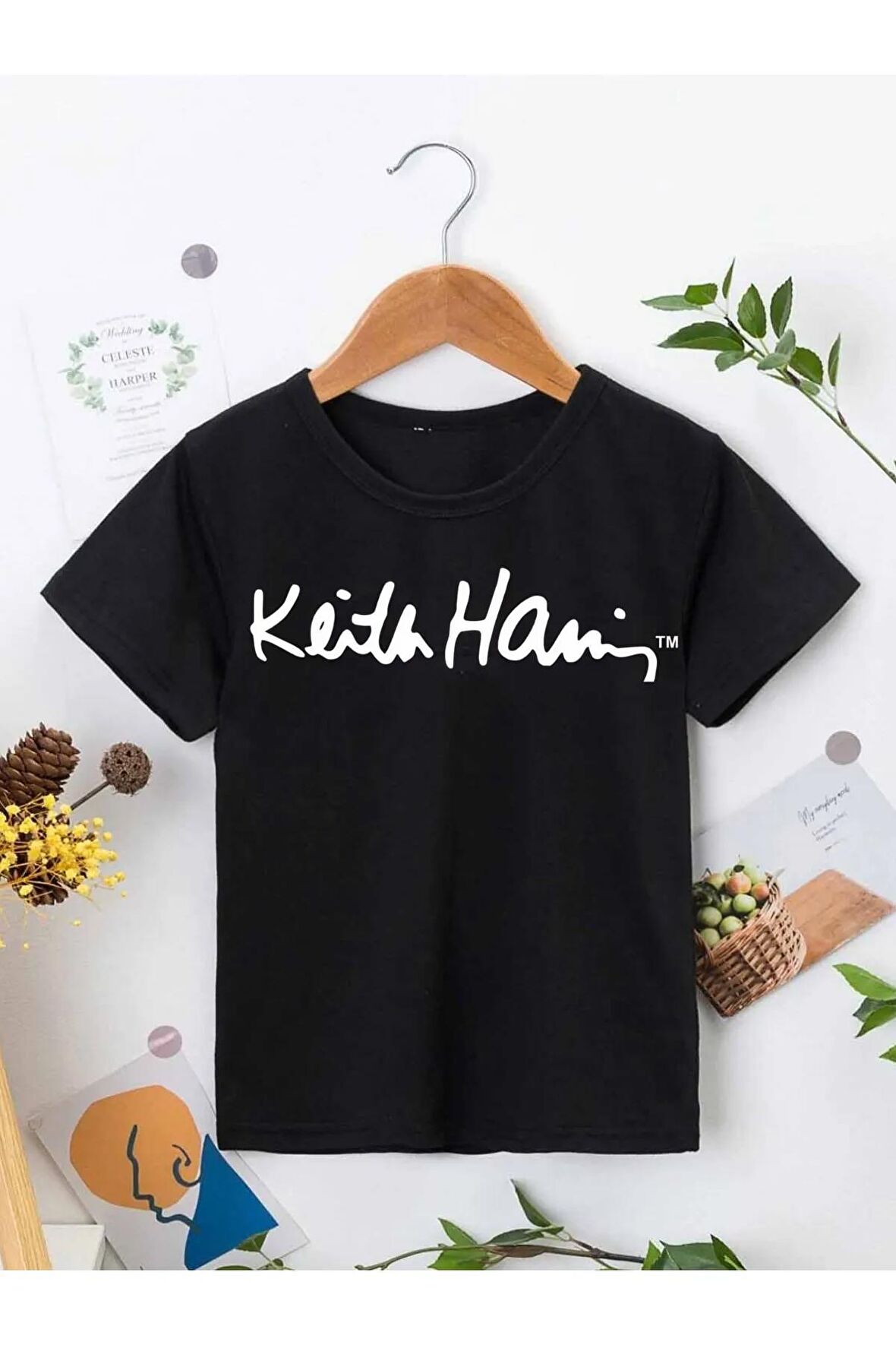 Ünisex Rahat Kalıp Pamuklu Baskılı Siyah Çocuk T-shirt