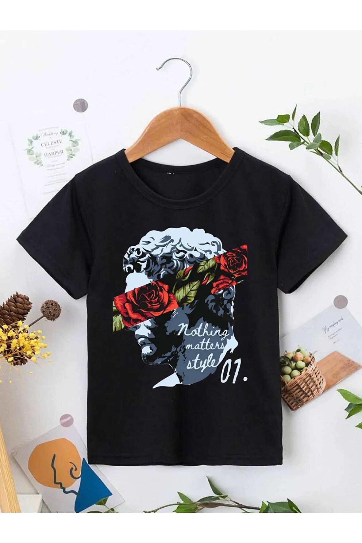 Ünisex Rahat Kalıp Pamuklu Baskılı Siyah Çocuk T-shirt