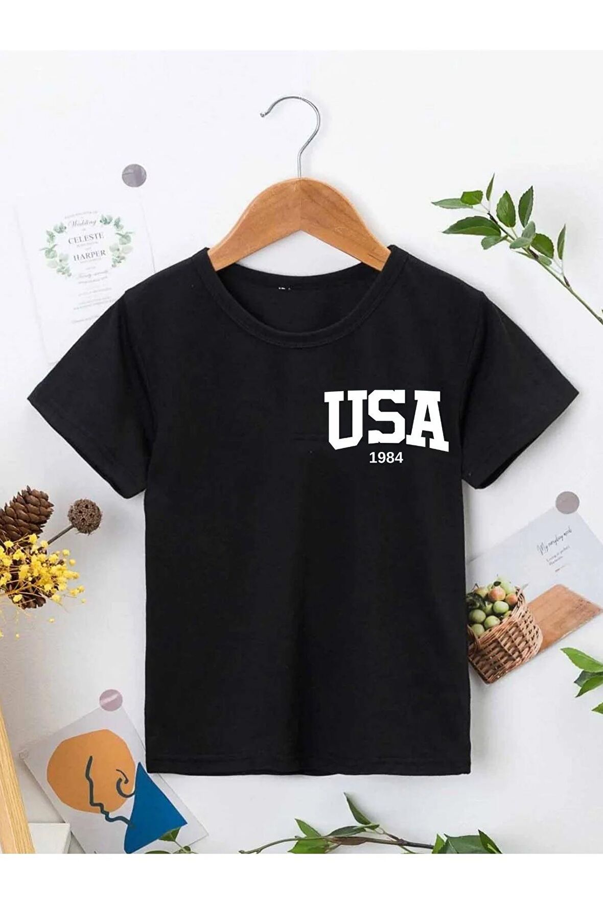Ünisex Rahat Kalıp Pamuklu Baskılı Siyah Çocuk T-shirt