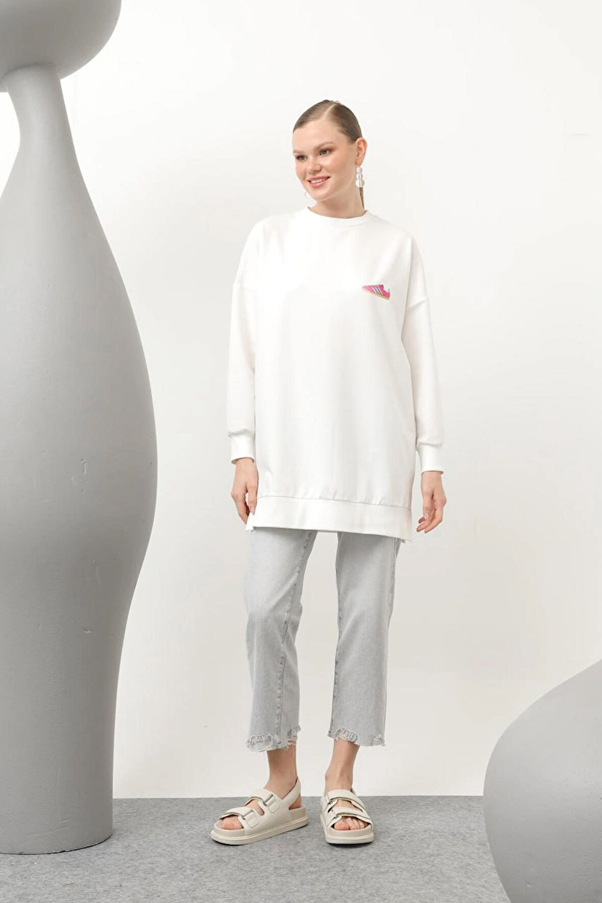 Puane İki İplik Renkli Ayakkabı Baskılı Sweatshirt 