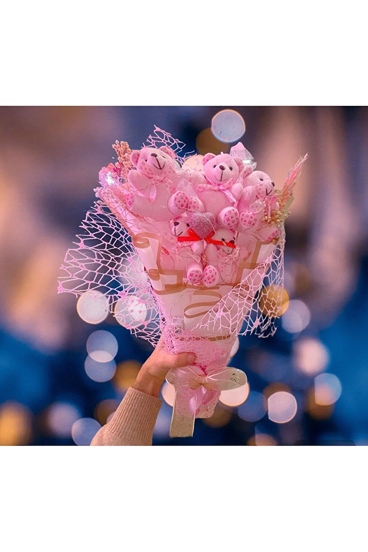 PEMBE Ayıcık hediye buketi - şık tasarımlı fileli ledli sevgili buketi (ışıklı)