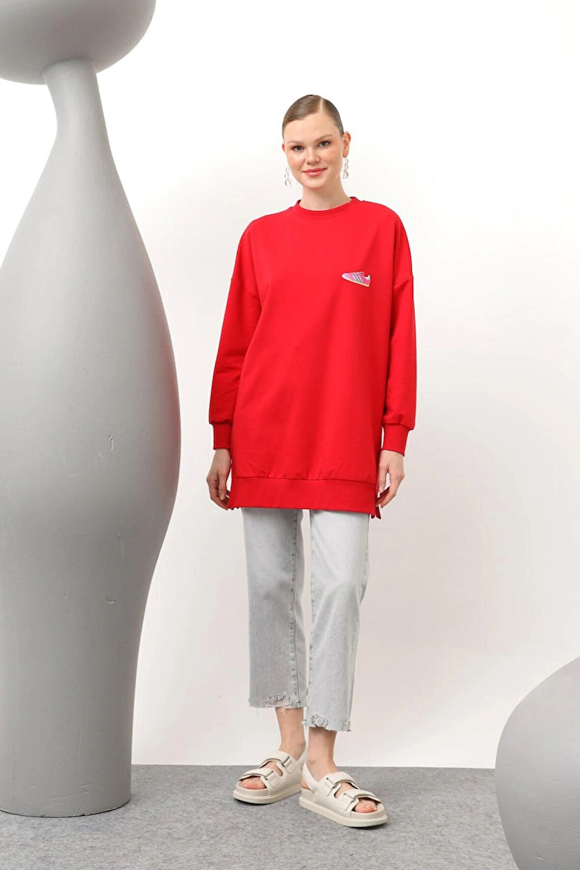 Puane  İki İplik Kumaş Ayakkabı Baskılı Tesettür Sweatshirt