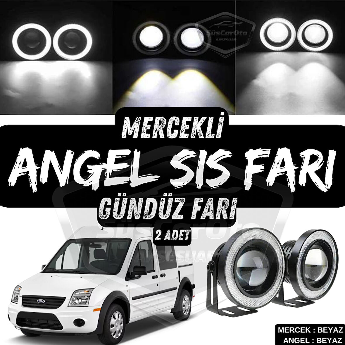 Ford Transit Connect 2002-2013 Uyumlu Üniversal Mercekli Angel Sis Farı Metal Su Geçirmez 76 mm Beyaz Halkalı Gündüz Farı Angel Eyes 2 Adet