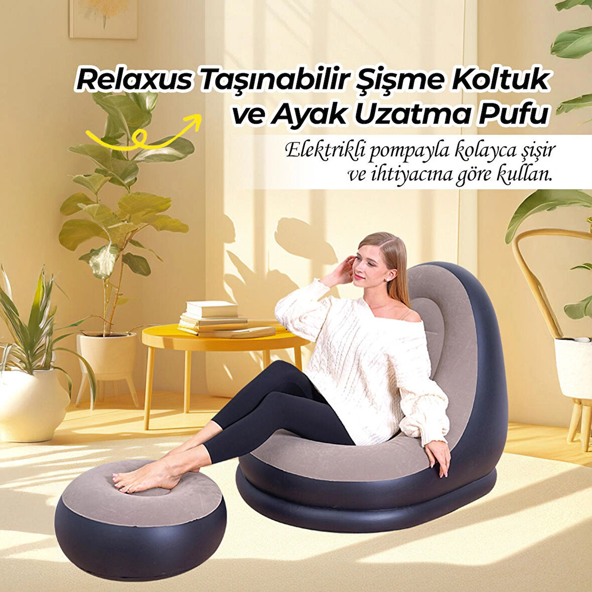 Relaxus Şişme Koltuk ve Ayak Uzatma Pufu –Ev, Kamp, Ofis Kullanımı İçin, Pompa Hediyeli, Taşınabilir Rahat Koltuk   Rahatına düşkünler için tasarlandı!   Evde, kampta, ofiste ya da tatilde keyiflianların yeni favorisi Relaxus şişme koltuk seti ile ta