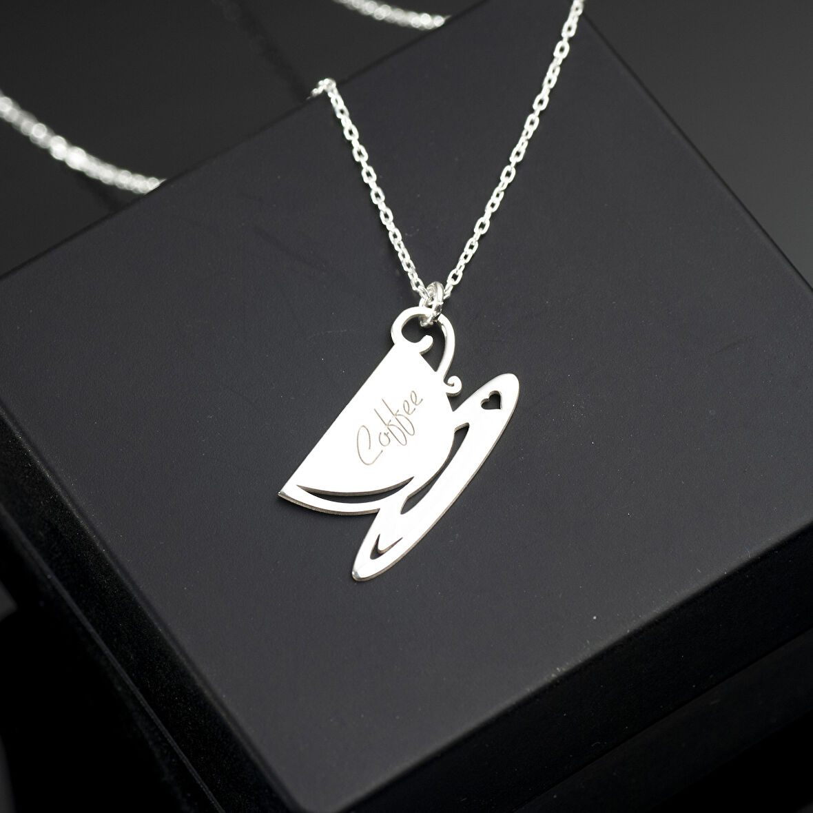 925 Ayar Gümüş Kahve Fincanı İsim Kolye Özel Tasarım