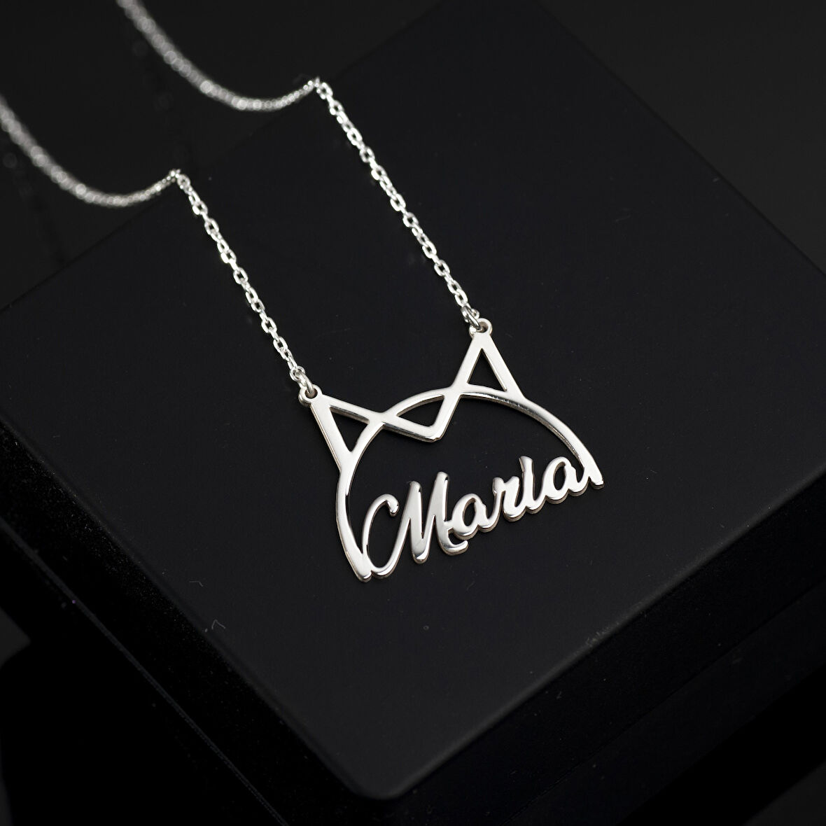 925 Ayar Gümüş Kedi Figürlü İsim Kolye Özel Tasarım