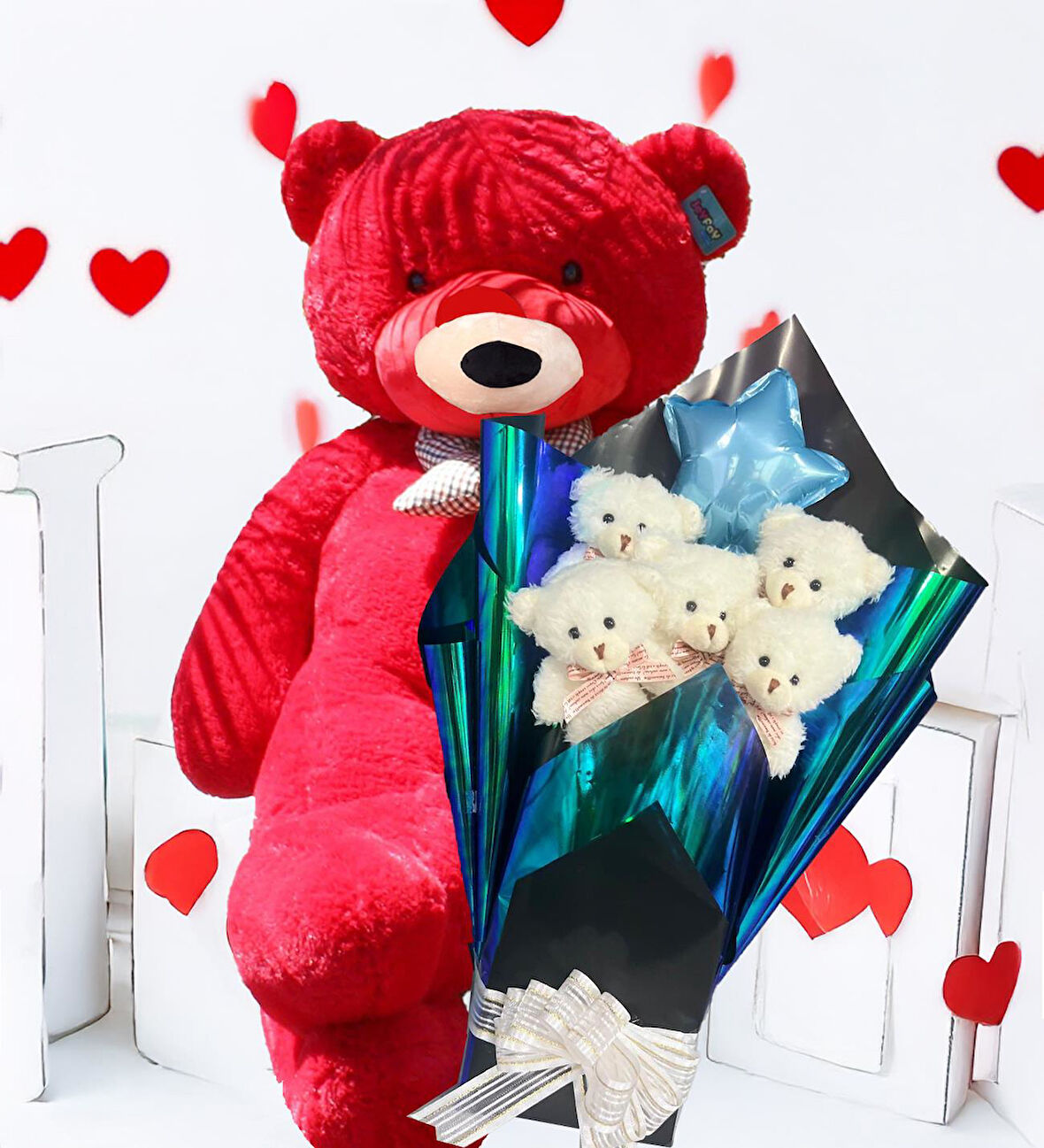 Premium 90 cm Peluş Ayı ve Yıldız Balonlu, Hologramlı Sunumda Beyaz Peluş Ayıcık Buketi