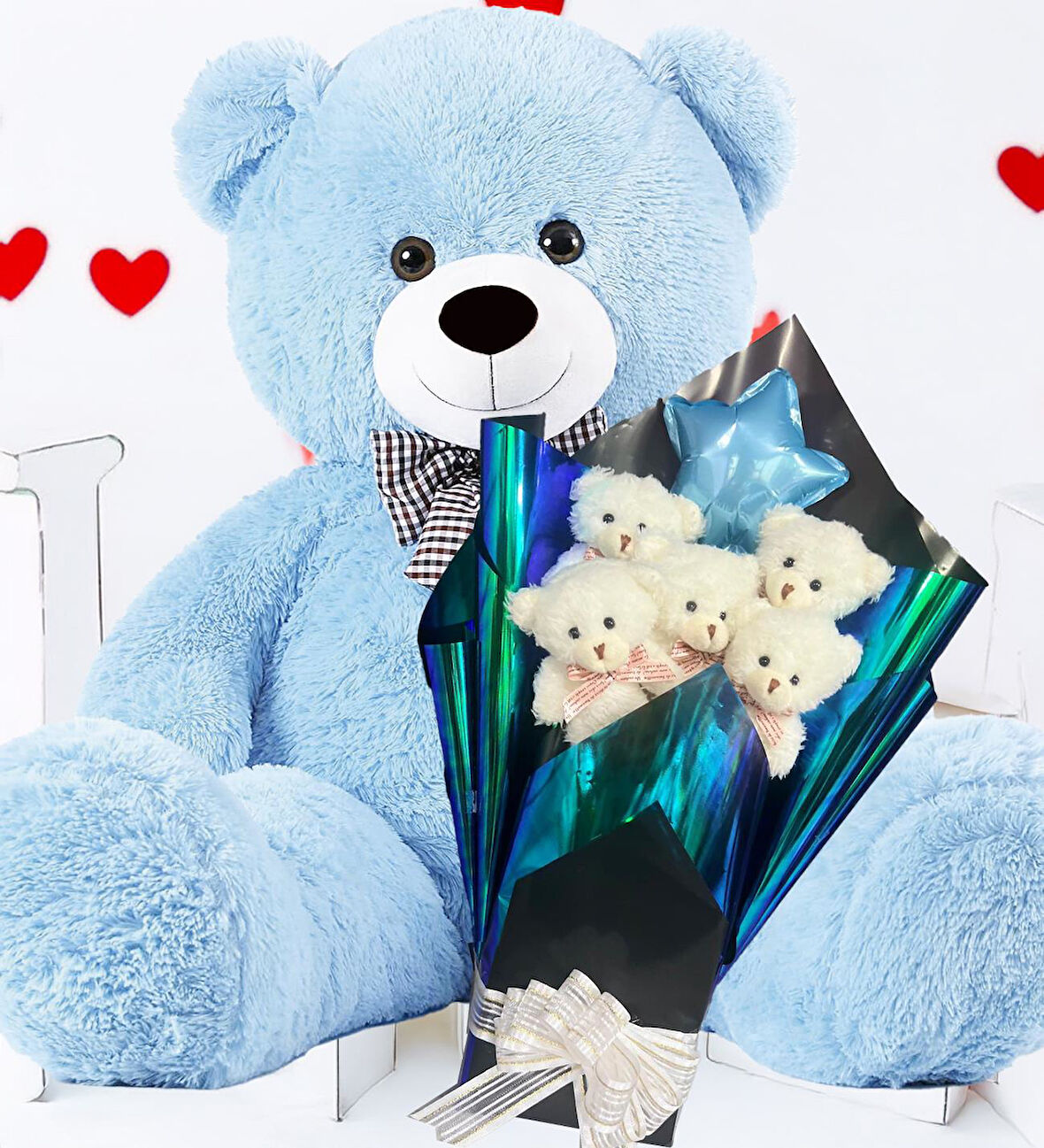 Premium 90 cm Peluş Ayı ve Yıldız Balonlu, Hologramlı Sunumda Beyaz Peluş Ayıcık Buketi