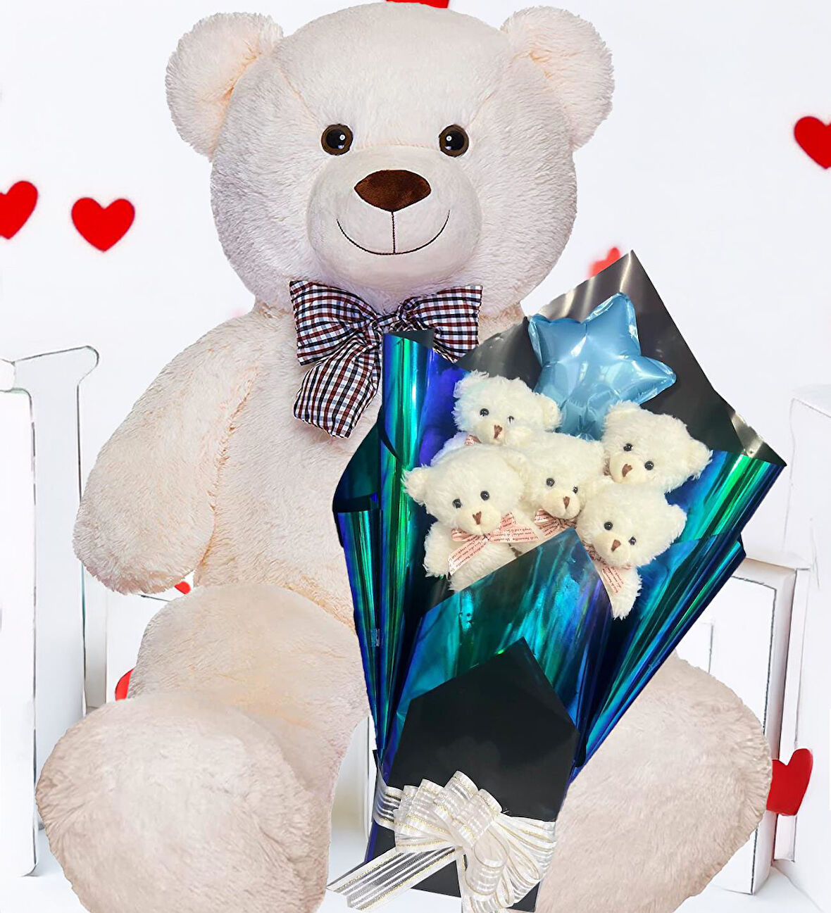 Premium 90 cm Peluş Ayı ve Yıldız Balonlu, Hologramlı Sunumda Beyaz Peluş Ayıcık Buketi