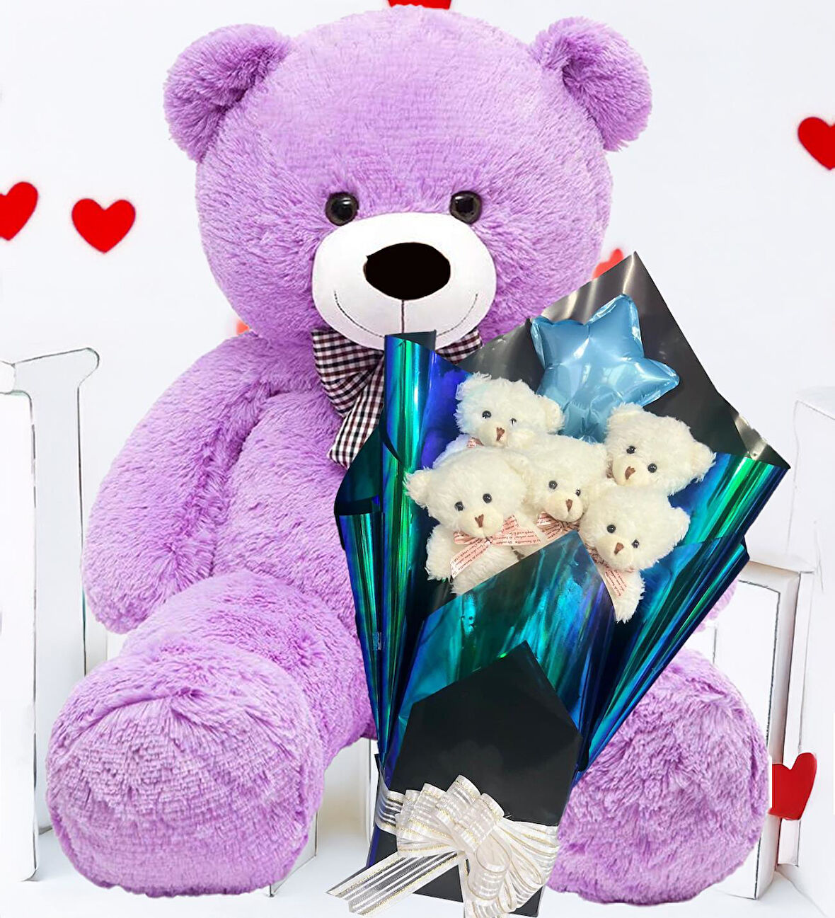 Premium 90 cm Peluş Ayı ve Yıldız Balonlu, Hologramlı Sunumda Beyaz Peluş Ayıcık Buketi