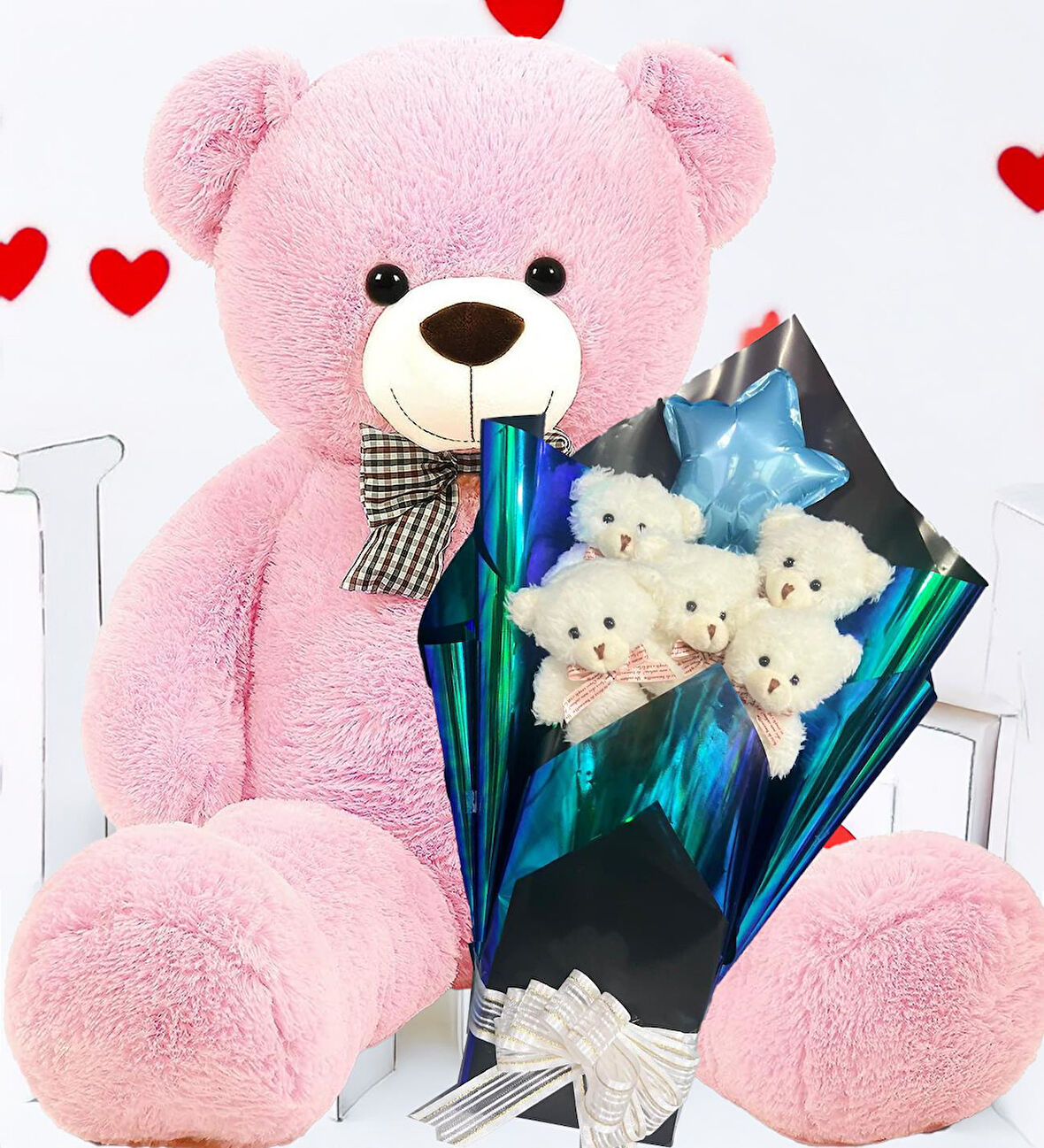 Premium 90 cm Peluş Ayı ve Yıldız Balonlu, Hologramlı Sunumda Beyaz Peluş Ayıcık Buketi