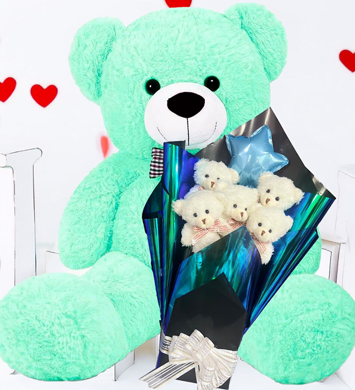 Premium 90 cm Peluş Ayı ve Yıldız Balonlu, Hologramlı Sunumda Beyaz Peluş Ayıcık Buketi