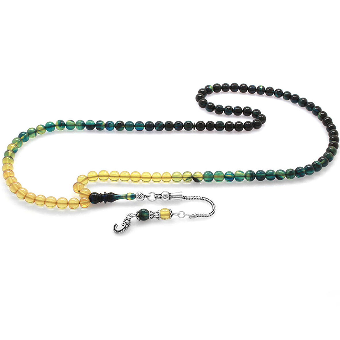 Tesbihane -  925 Ayar Gümüş Püsküllü Küre Kesim Süzme Mavi-Beyaz Ateş Kehribar 99luk Tesbih