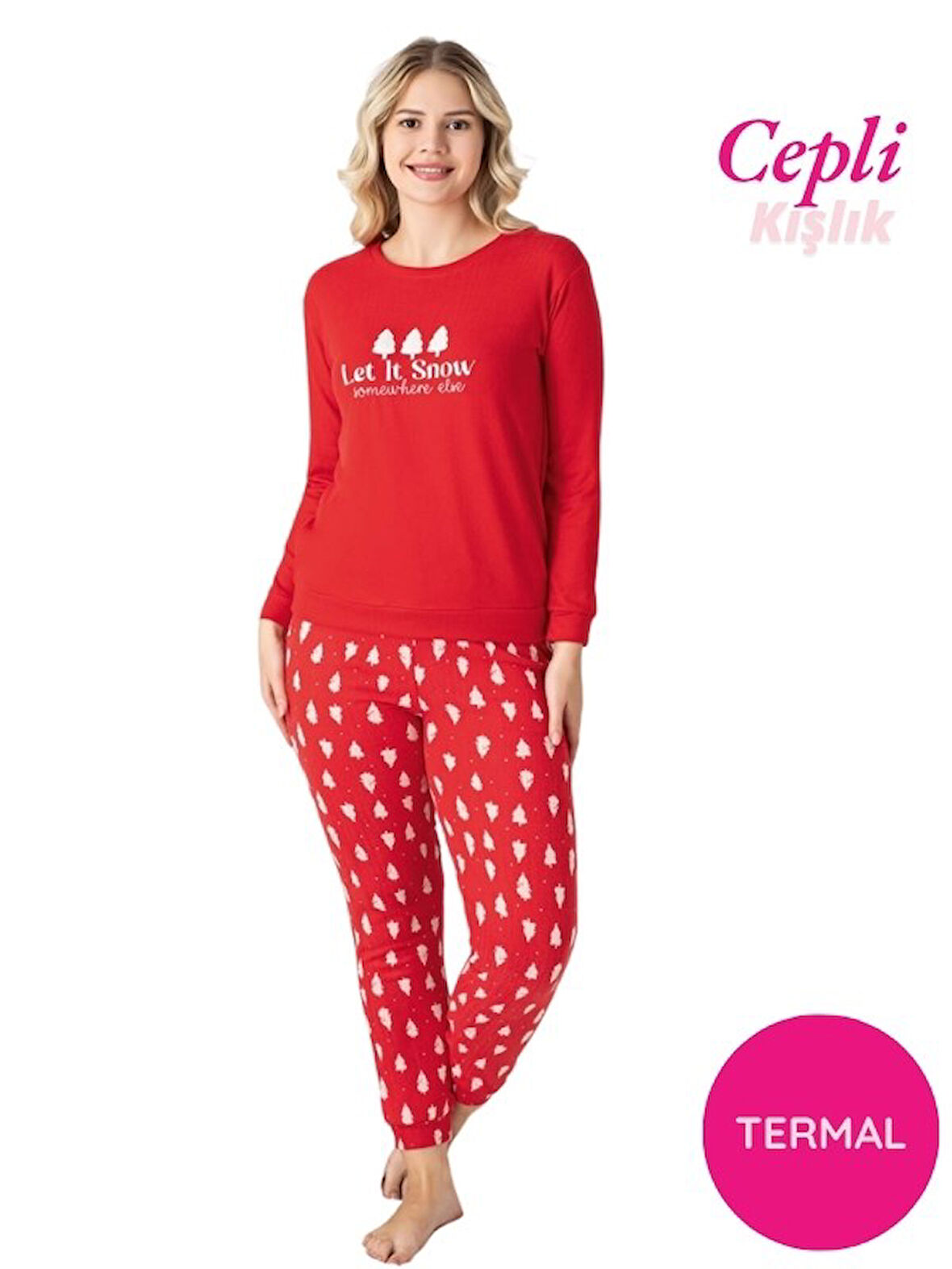 Kadın Bisiklet Yaka Düğmesiz Kışlık Termal Bilek Manşetli Jogger Uzun Kol Cepli Pijama Takımı