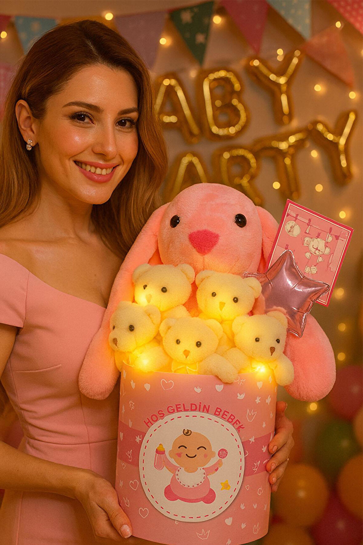 Hoşgeldin Bebek Temalı, Uyku Arkadaşı Tavşan ile  LED Işıklı Yumoş Peluş Ayıcık Buketi, Yenidoğan-Babyshower ÖZEL