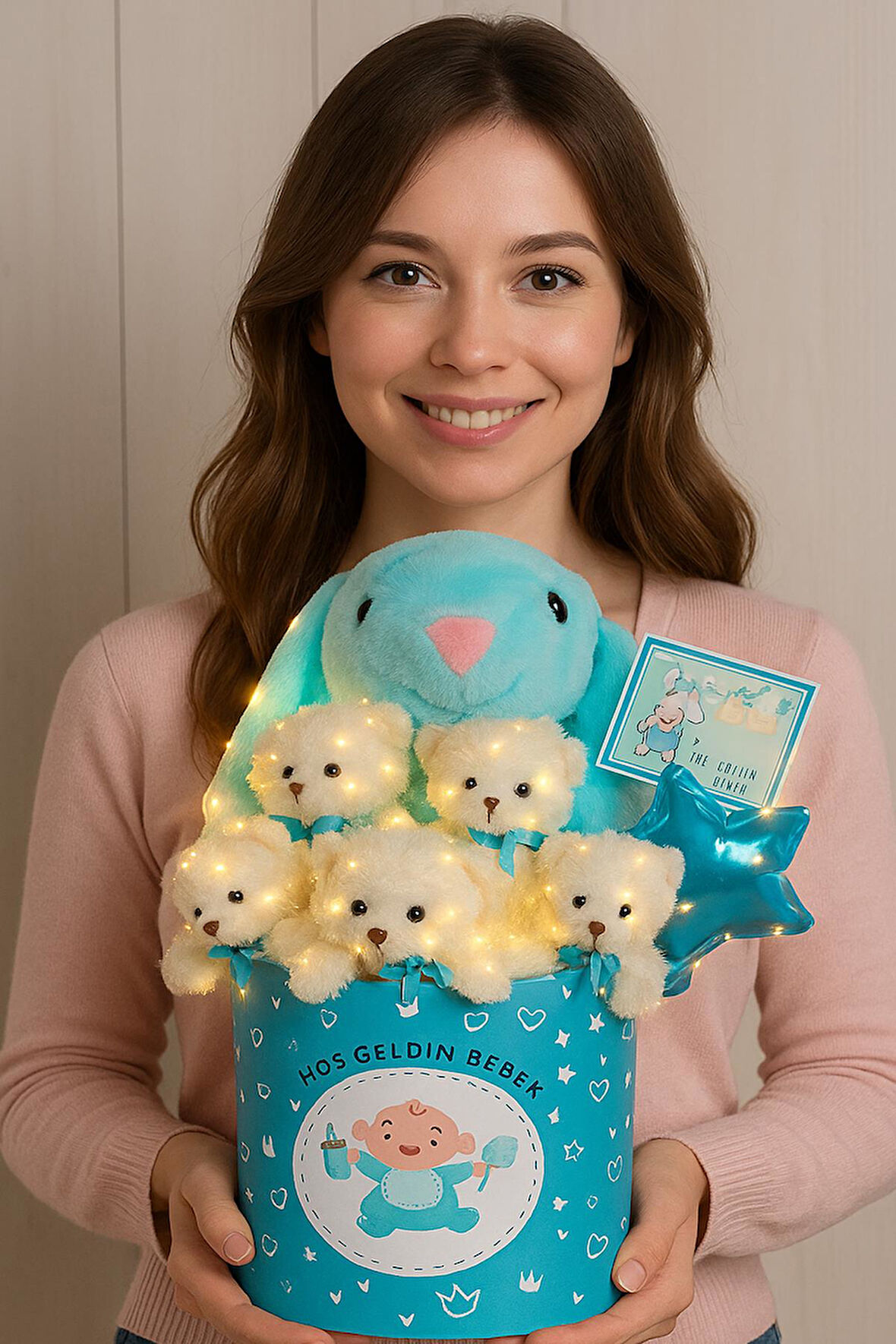Hoşgeldin Bebek Temalı, Uyku Arkadaşı Tavşan ile  LED Işıklı Yumoş Peluş Ayıcık Buketi, Yenidoğan-Babyshower ÖZEL