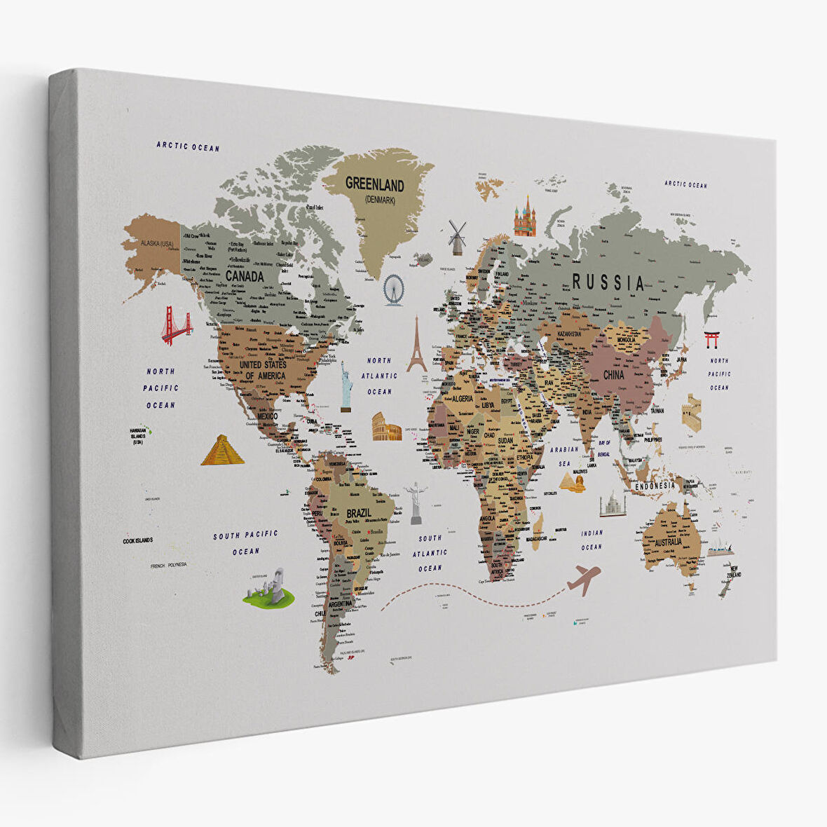 Harita Sepeti Dünya Haritası Çok Detaylı Ünlü Yerler Sembollü Kanvas Tablo 1774