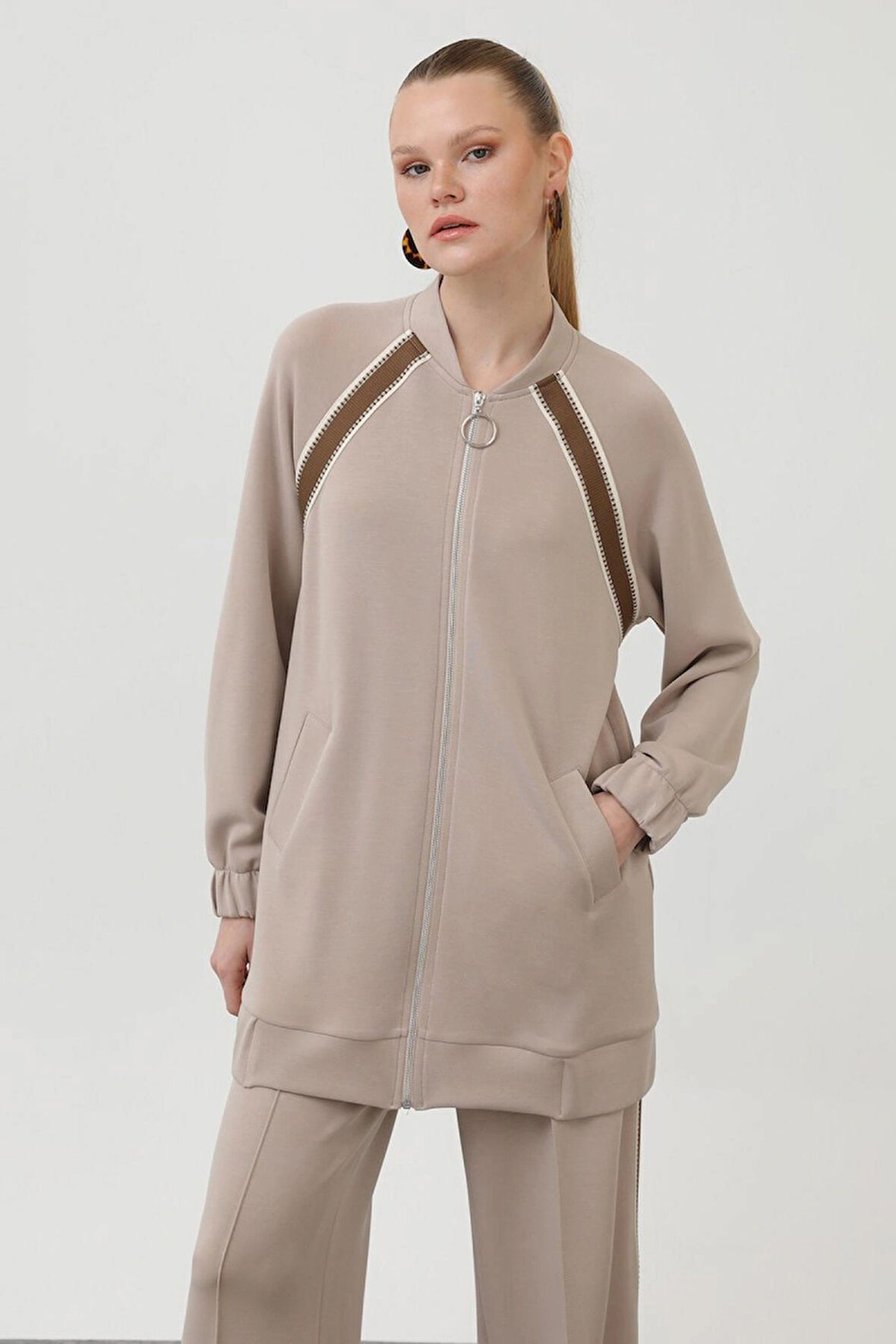 Puane Modal Kumaş Fermuar ve Dantel Detaylı Tesettür İkili Takım