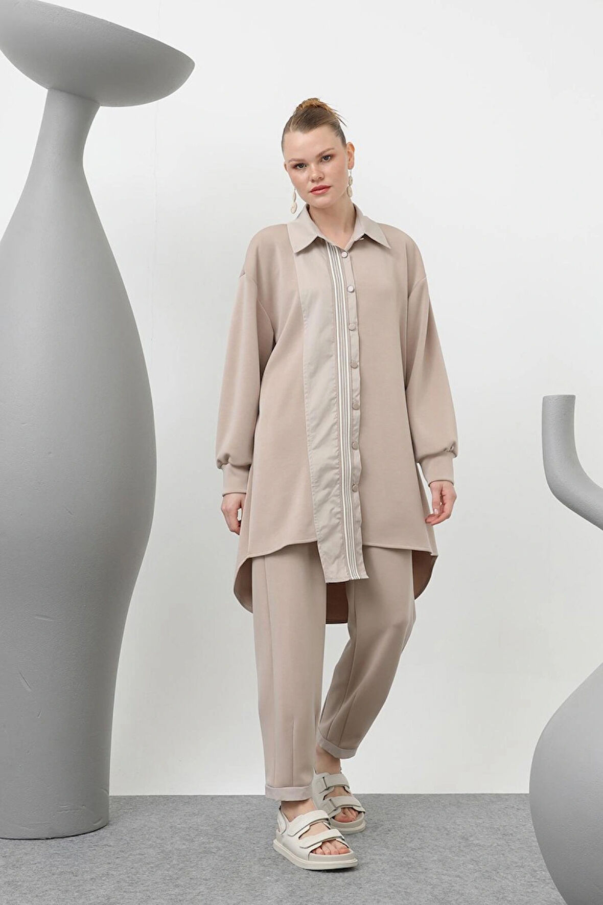 Puane Modal Kumaş Paraşüt Kumaş Garnili Tesettür İkili Takım