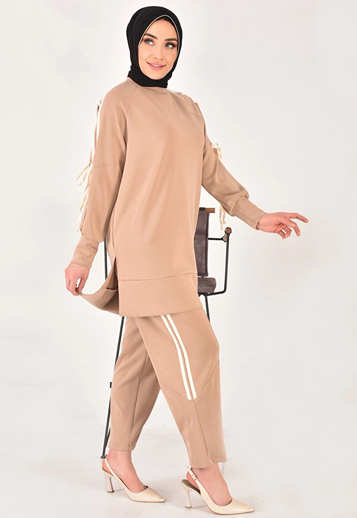 Puane Modal kumaş kol detaylı tesettür ikili takım
