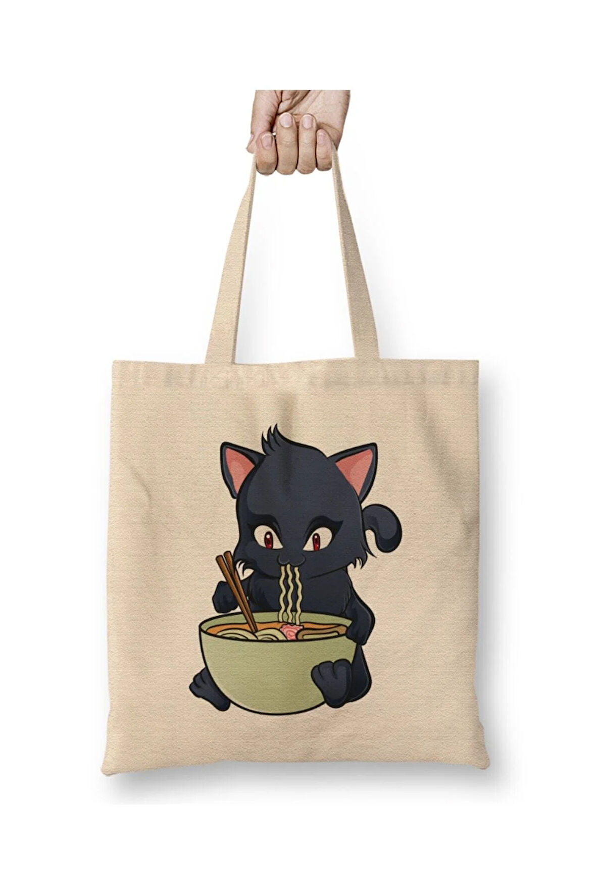 Kawaii Cat Ramen Anime Kitty Kedi Beyaz Bez Çanta Uzun Saplı Alışveriş Çantası Plaj Çantası
